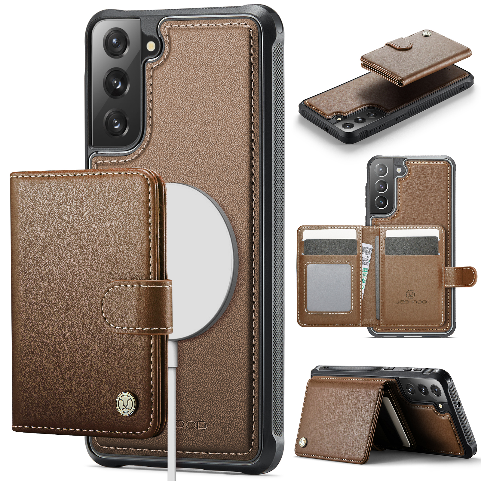 JEEHOOD For Samsung Galaxy S22 5G Case  J09 RFID Blocking Card Holder Leather Back Phone Cover Magnetic Case - Brown
