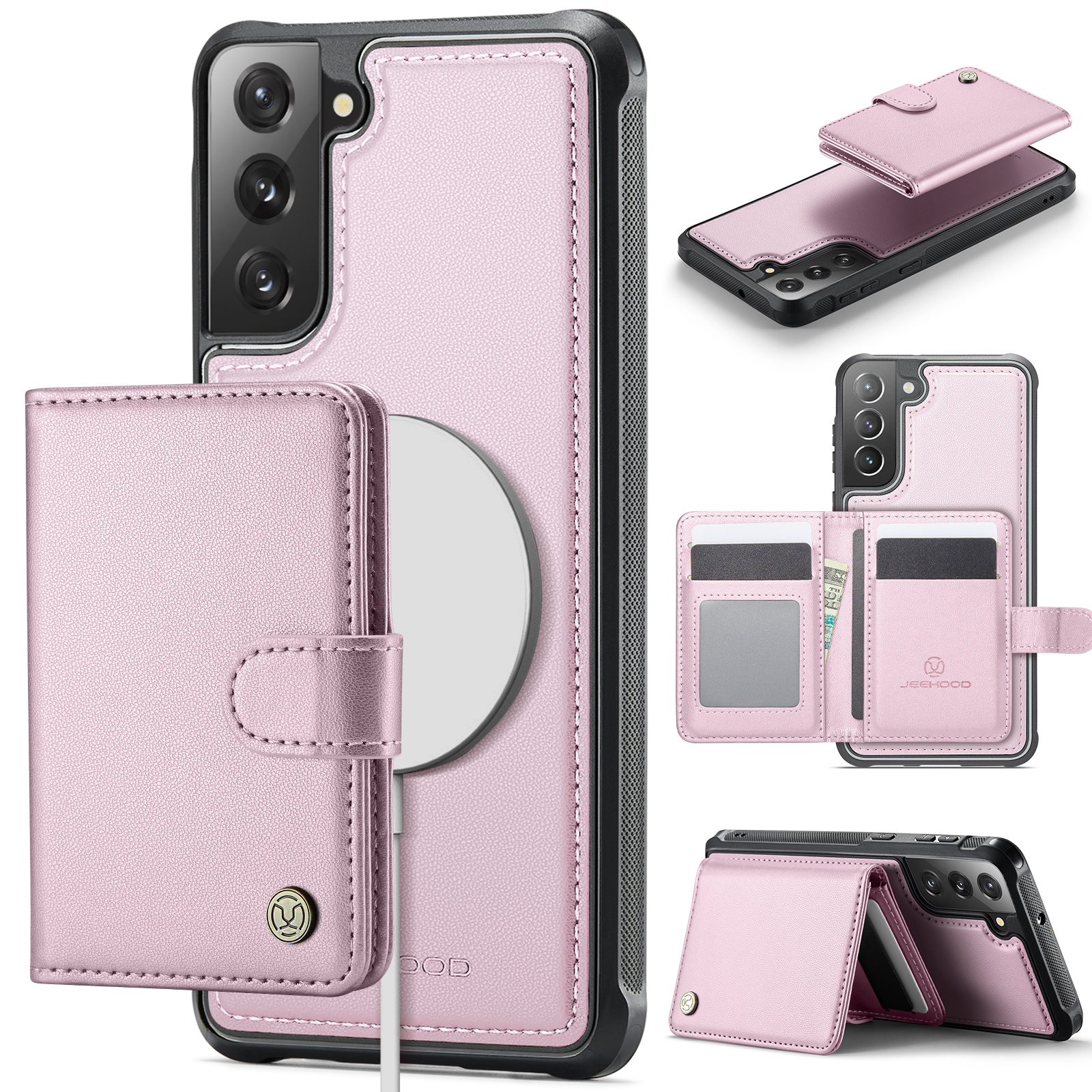 JEEHOOD For Samsung Galaxy S22 5G Case J09 RFID Blocking Card Holder Leather Back Phone Cover Magnetic Case - Pink