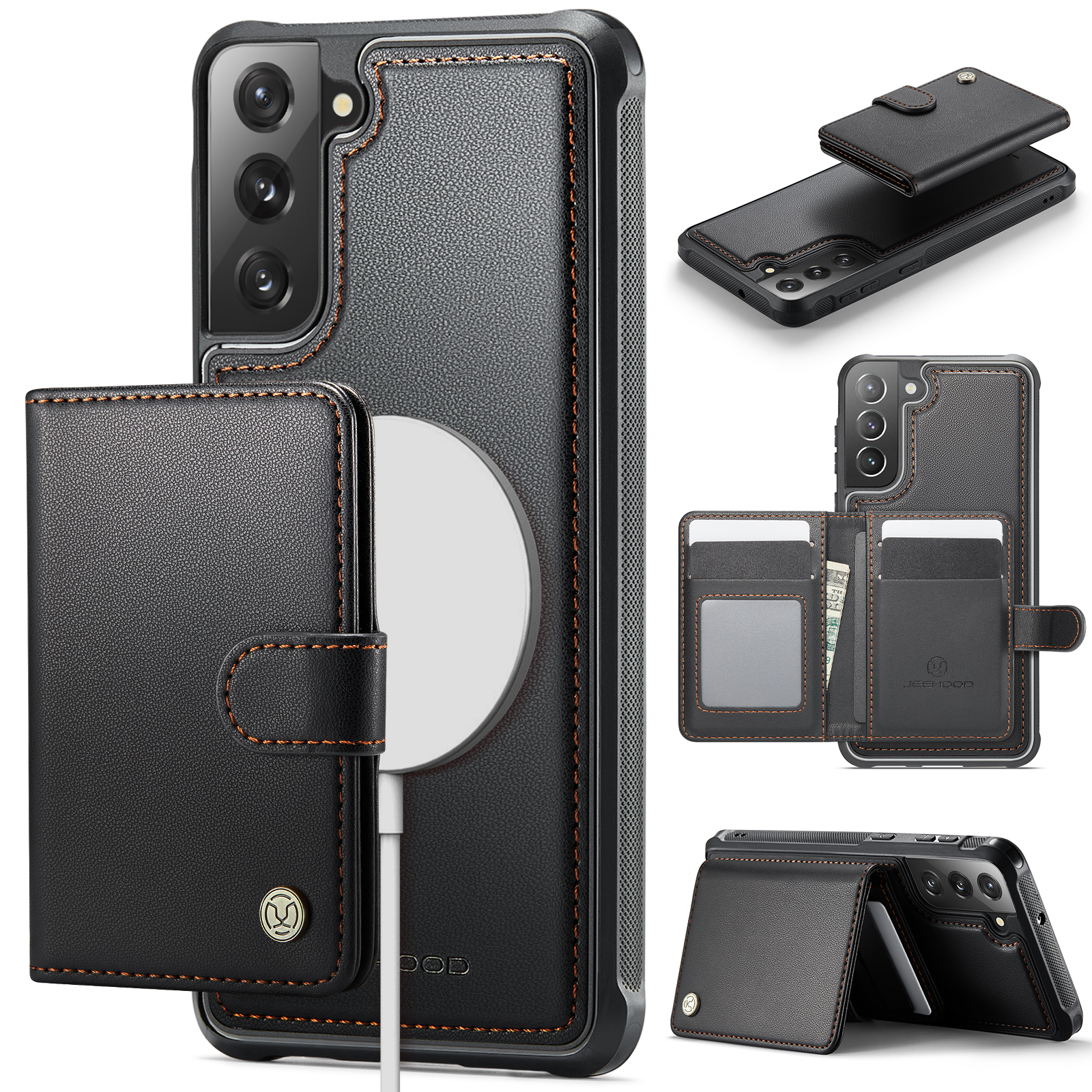 JEEHOOD For Samsung Galaxy S22 5G Case J09 RFID Blocking Card Holder Leather Back Phone Cover Magnetic Case - Black