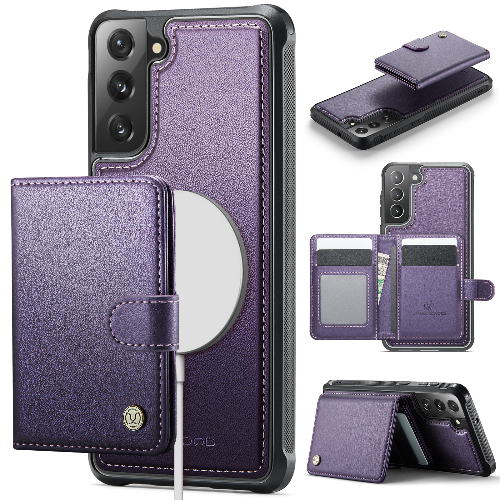 JEEHOOD For Samsung Galaxy S22 5G Case J09 RFID Blocking Card Holder Leather Back Phone Cover Magnetic Case - Purple