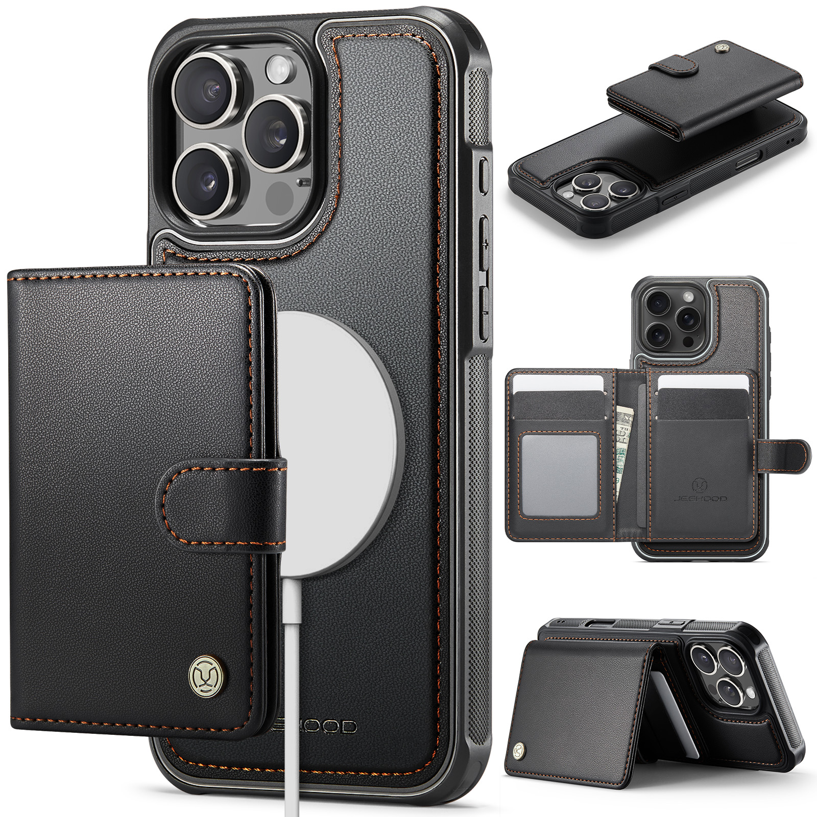 For iPhone 16 Pro Case JEEHOOD J09 RFID Blocking Card Holder Leather Back Phone Cover Compatible with MagSafe - Black