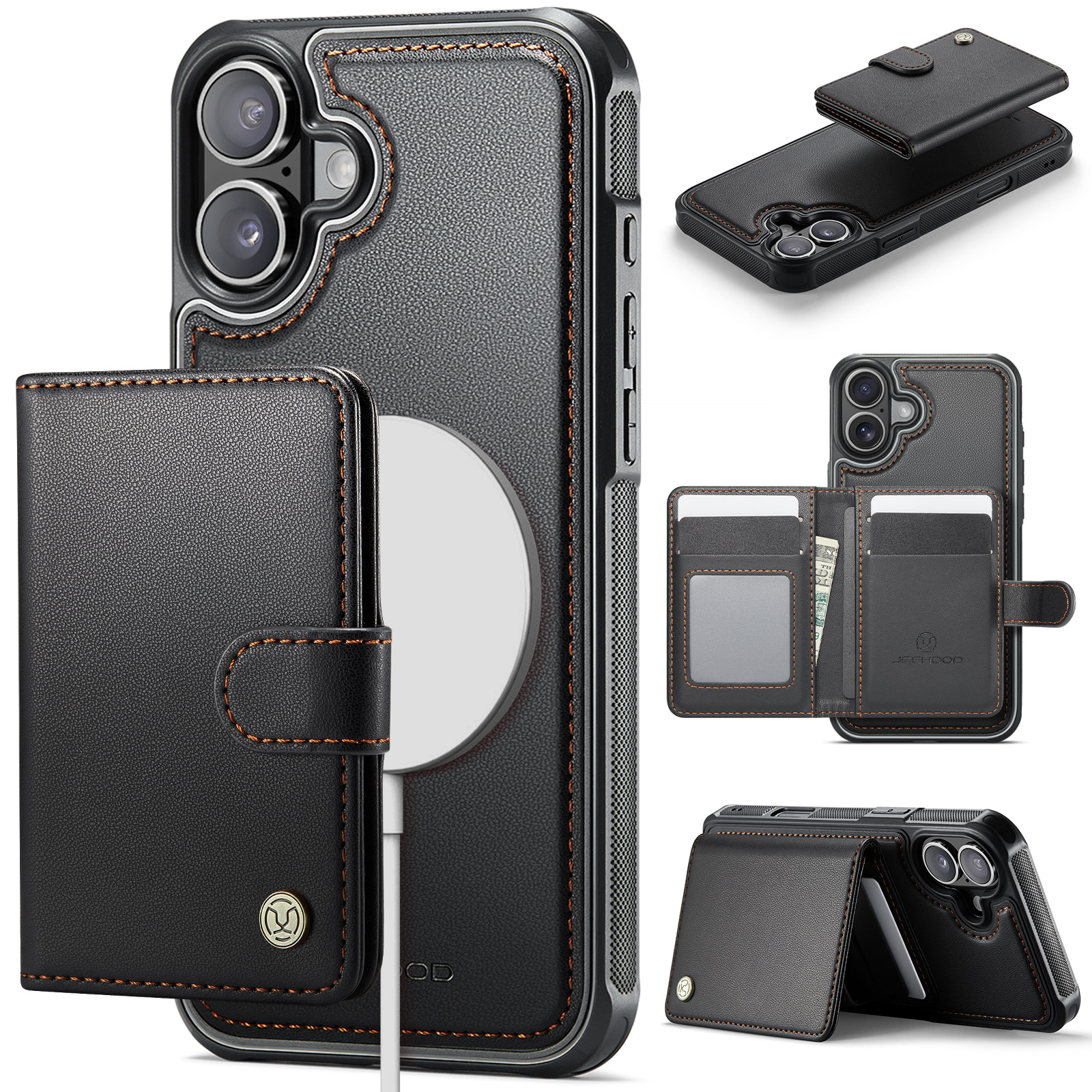 For iPhone 16 Case JEEHOOD J09 RFID Blocking Card Holder Leather Back Phone Cover Compatible with MagSafe - Black