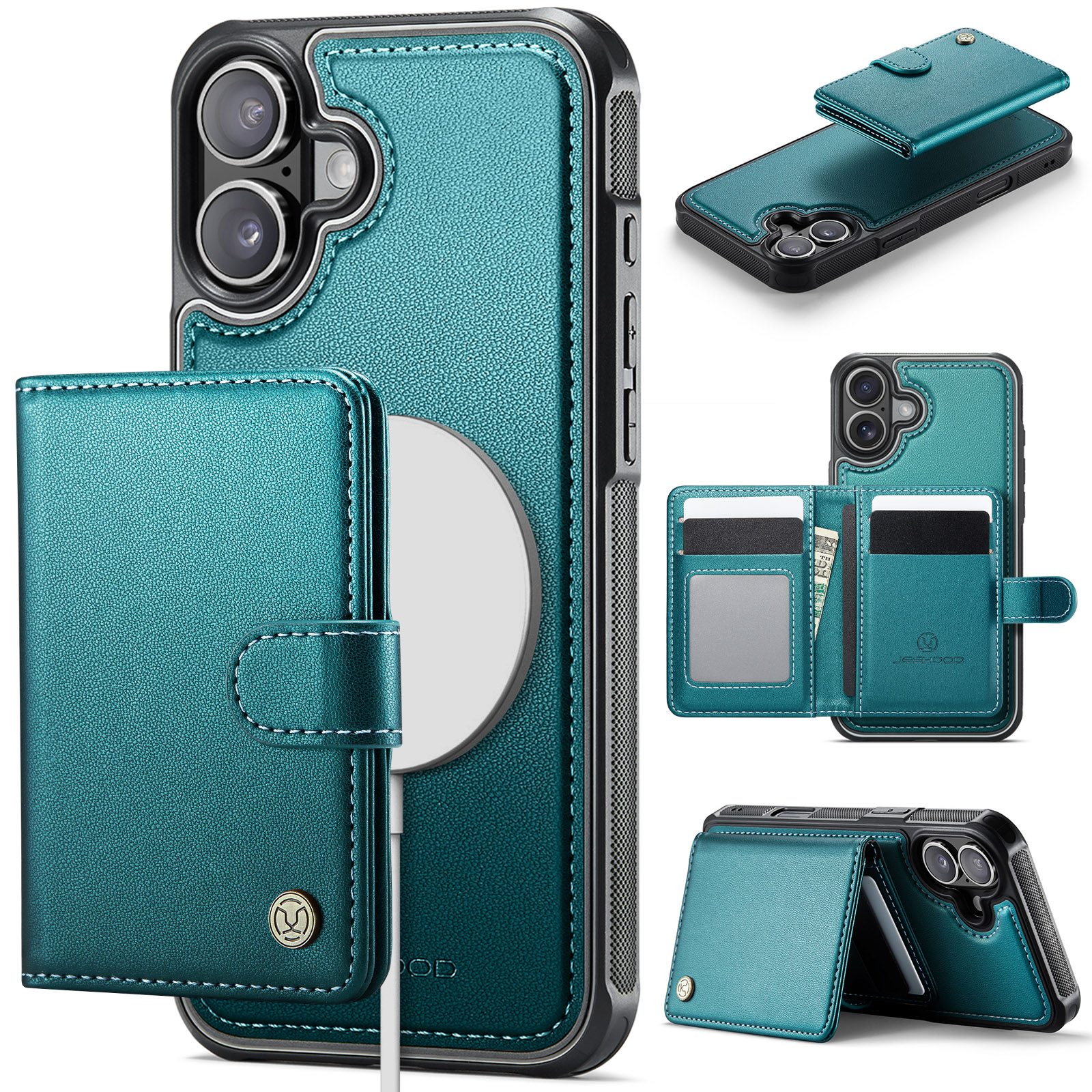 For iPhone 16 Case JEEHOOD J09 RFID Blocking Card Holder Leather Back Phone Cover Compatible with MagSafe - Green
