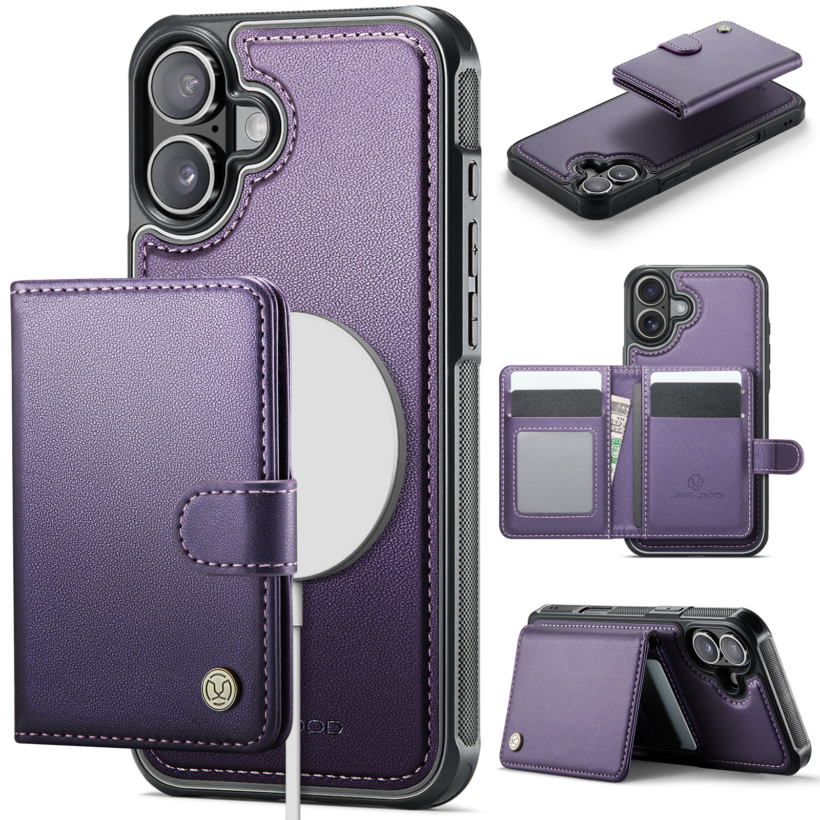 For iPhone 16 Case JEEHOOD J09 RFID Blocking Card Holder Leather Back Phone Cover Compatible with MagSafe - Purple
