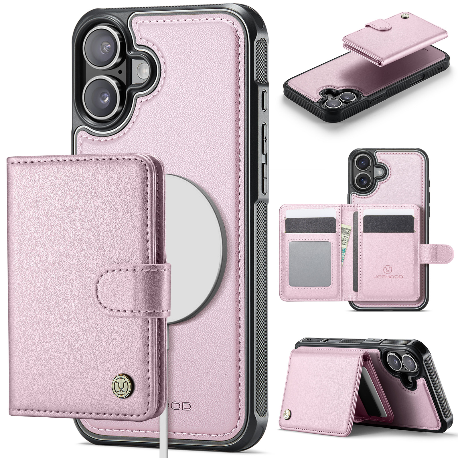 For iPhone 16 Plus Case JEEHOOD J09 RFID Blocking Card Holder Leather Back Phone Cover Compatible with MagSafe - Pink