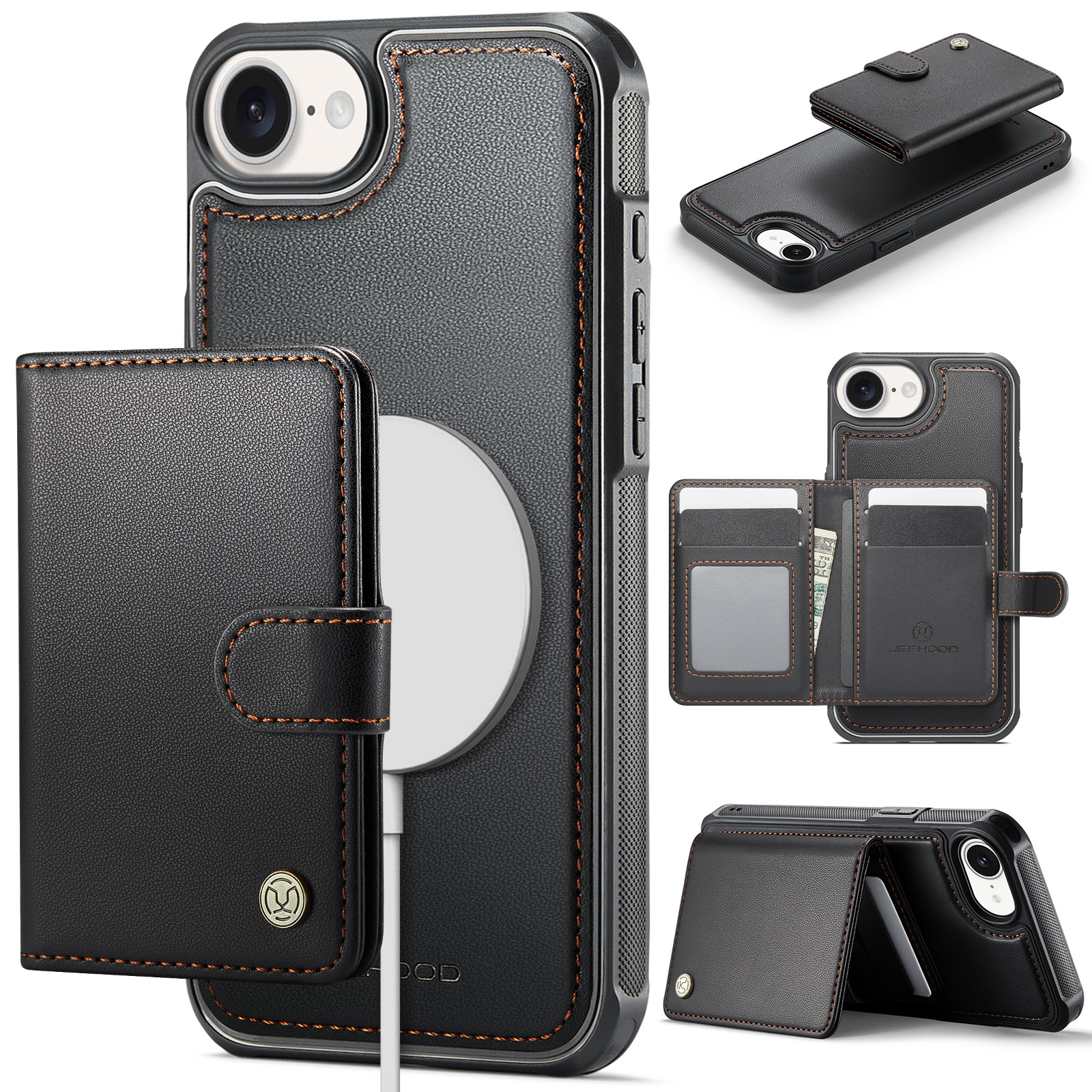 For iPhone 16e Case JEEHOOD J09 RFID Blocking Card Holder Leather Back Phone Cover Compatible with MagSafe - Black