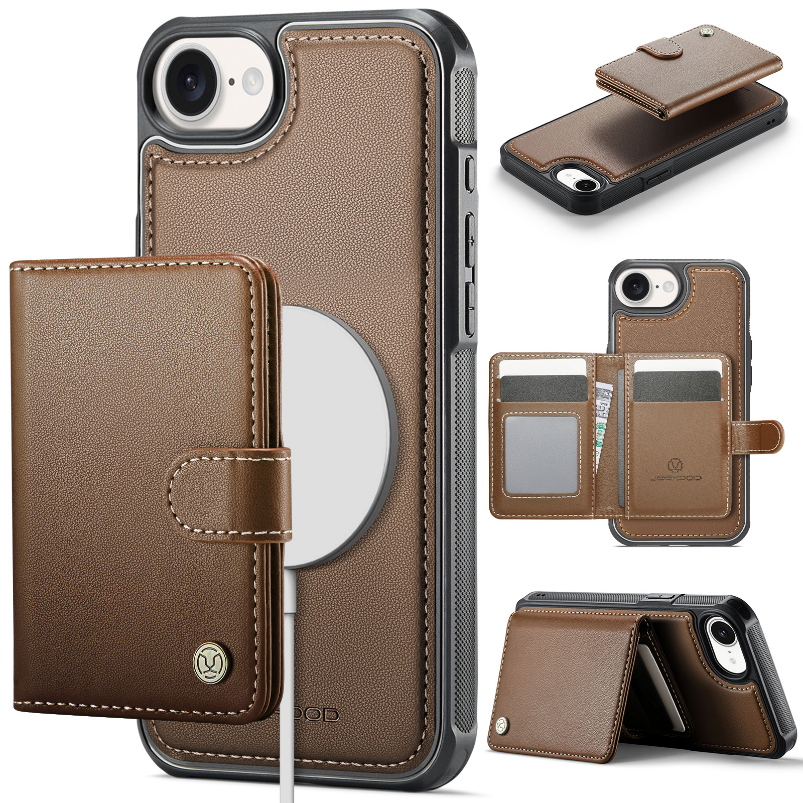 For iPhone 16e Case JEEHOOD J09 RFID Blocking Card Holder Leather Back Phone Cover Compatible with MagSafe - Brown