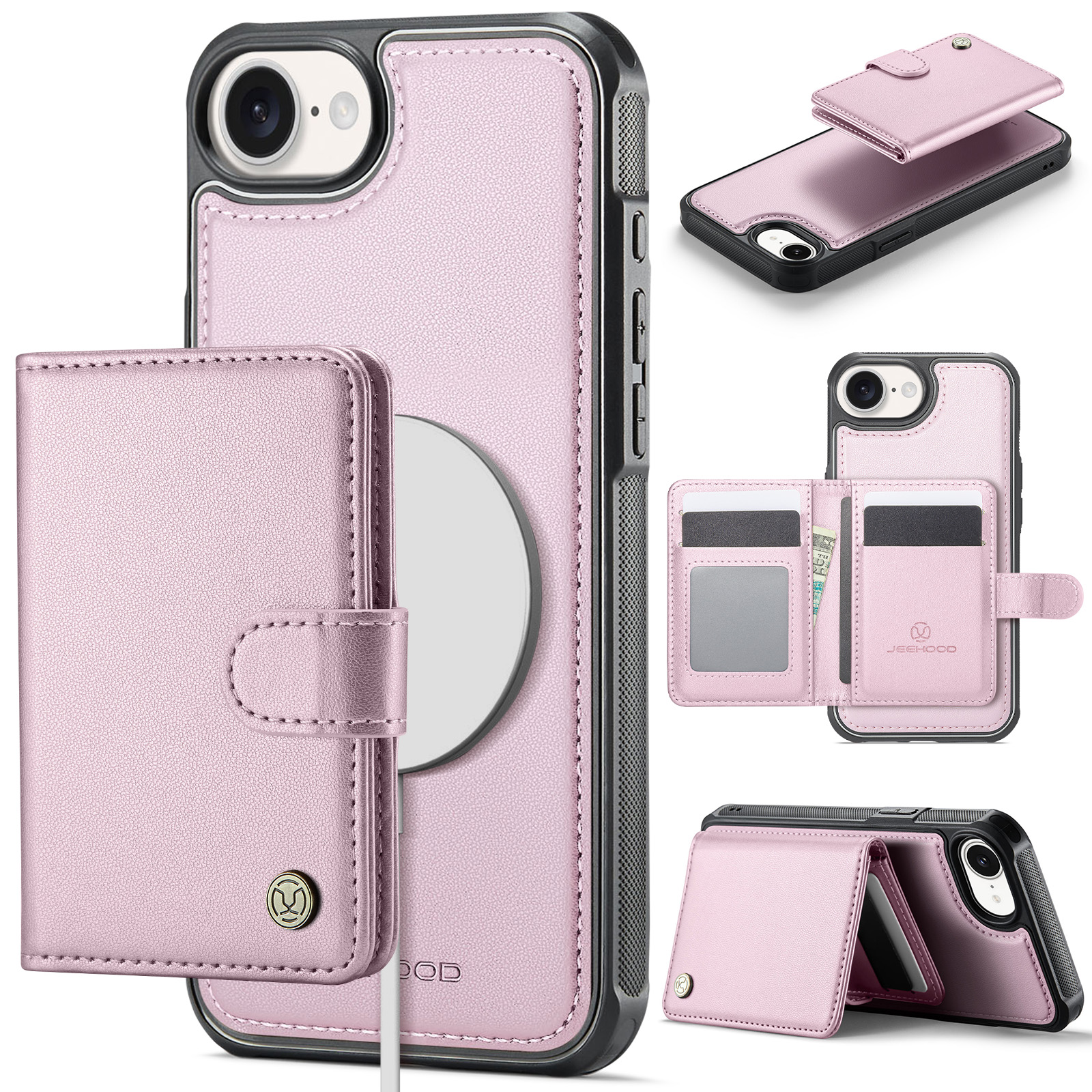 For iPhone 16e Case JEEHOOD J09 RFID Blocking Card Holder Leather Back Phone Cover Compatible with MagSafe - Pink
