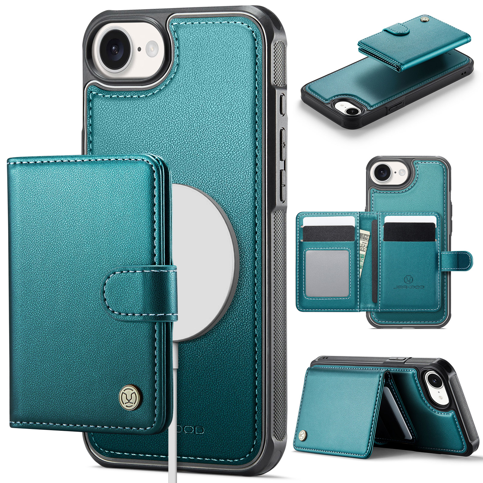 For iPhone 16e Case JEEHOOD J09 RFID Blocking Card Holder Leather Back Phone Cover Compatible with MagSafe - Green