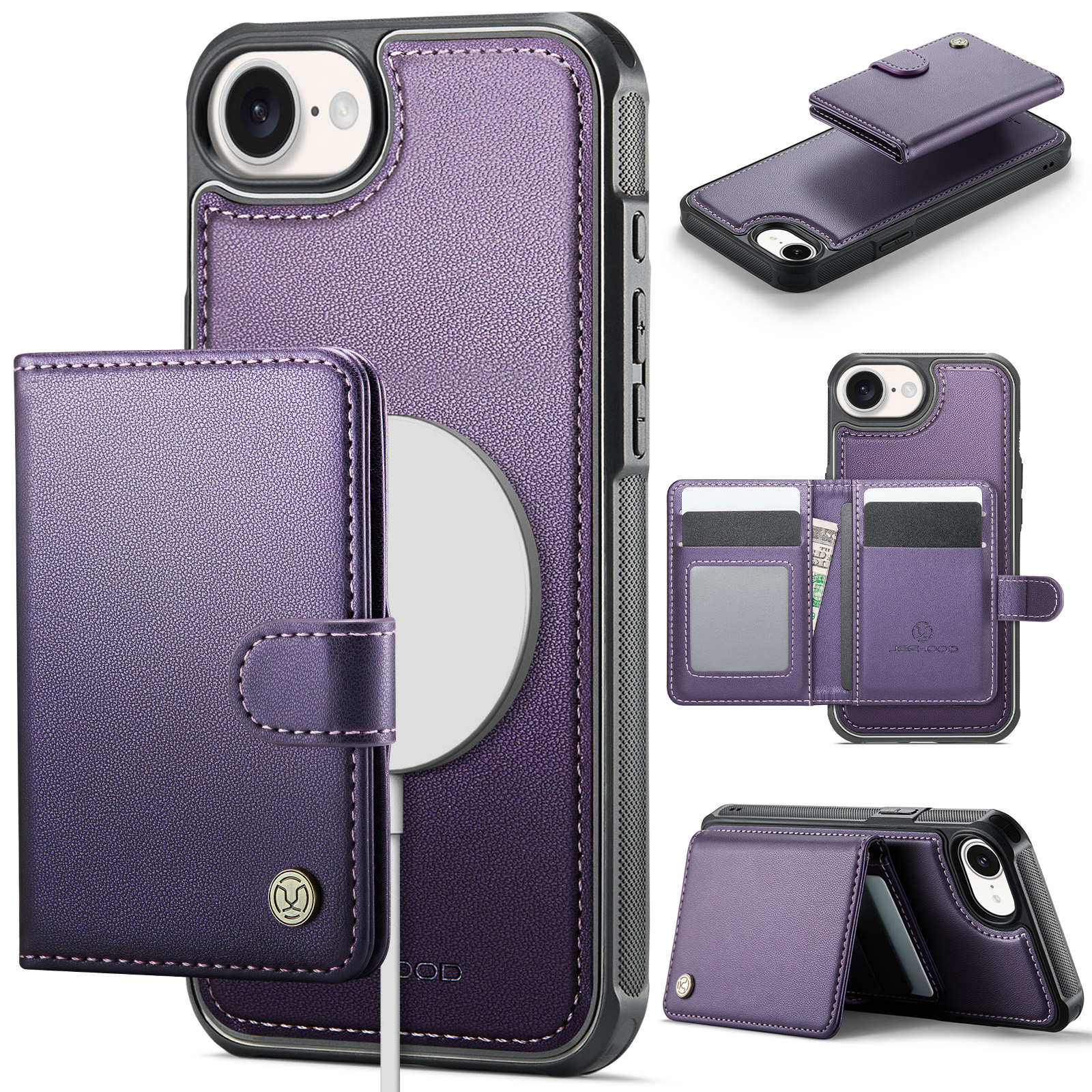 For iPhone 16e Case JEEHOOD J09 RFID Blocking Card Holder Leather Back Phone Cover Compatible with MagSafe - Purple