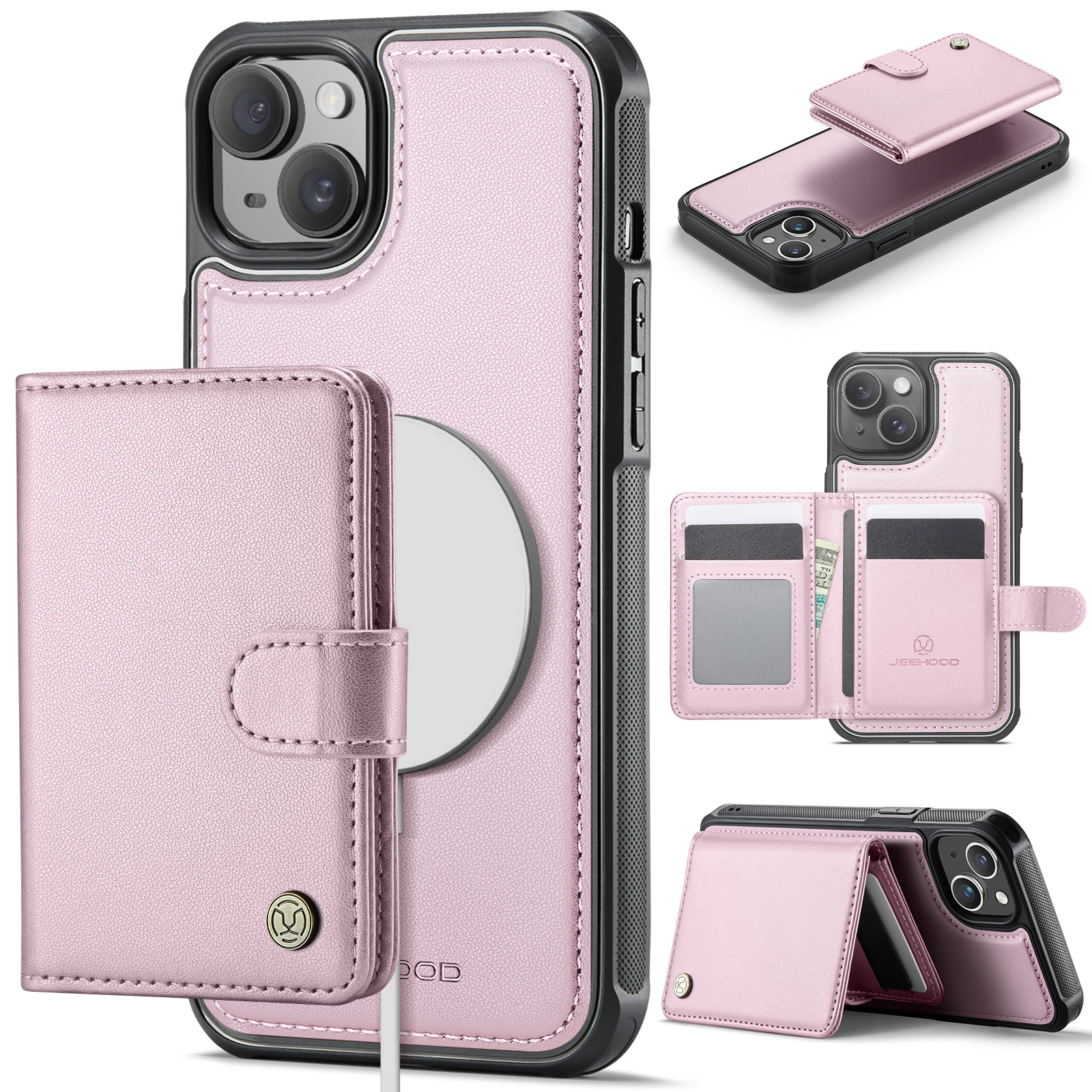 For iPhone 14 Case JEEHOOD J09 RFID Blocking Card Holder Leather Back Phone Cover Compatible with MagSafe - Pink
