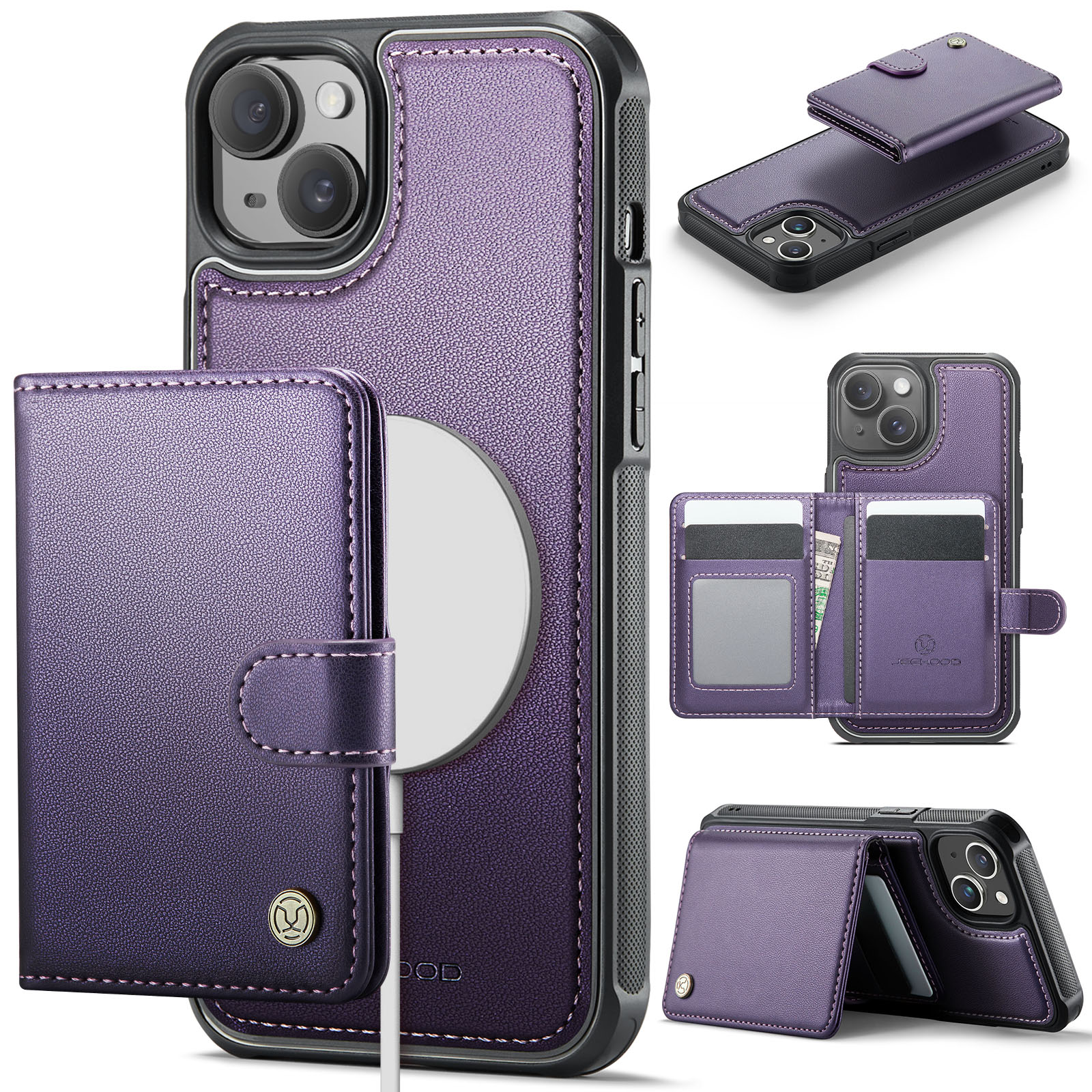For iPhone 14 Case JEEHOOD J09 RFID Blocking Card Holder Leather Back Phone Cover Compatible with MagSafe - Purple