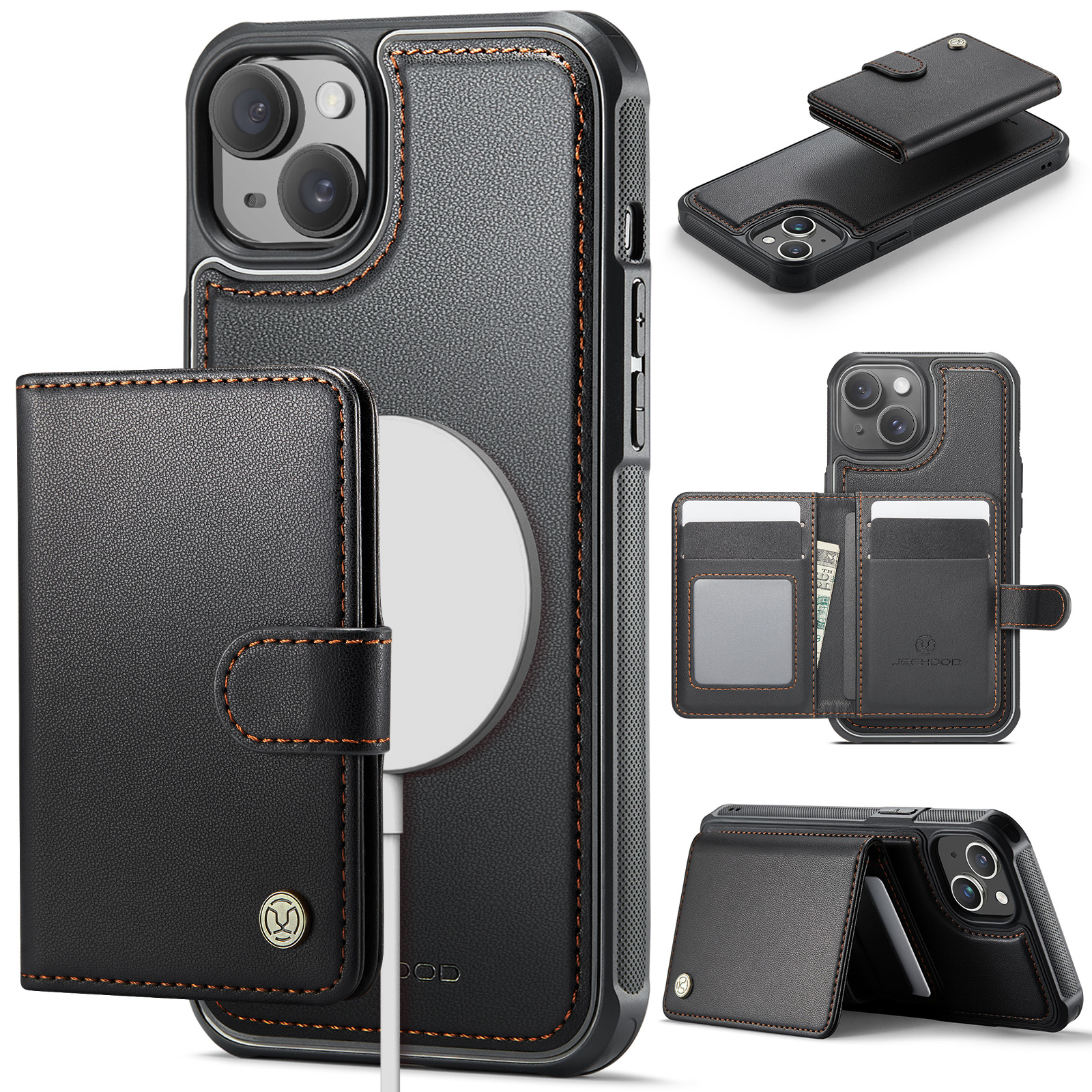 For iPhone 15 Plus / iPhone 14 Plus Case JEEHOOD J09 RFID Blocking Card Holder Leather Back Phone Cover Compatible with MagSafe - Black