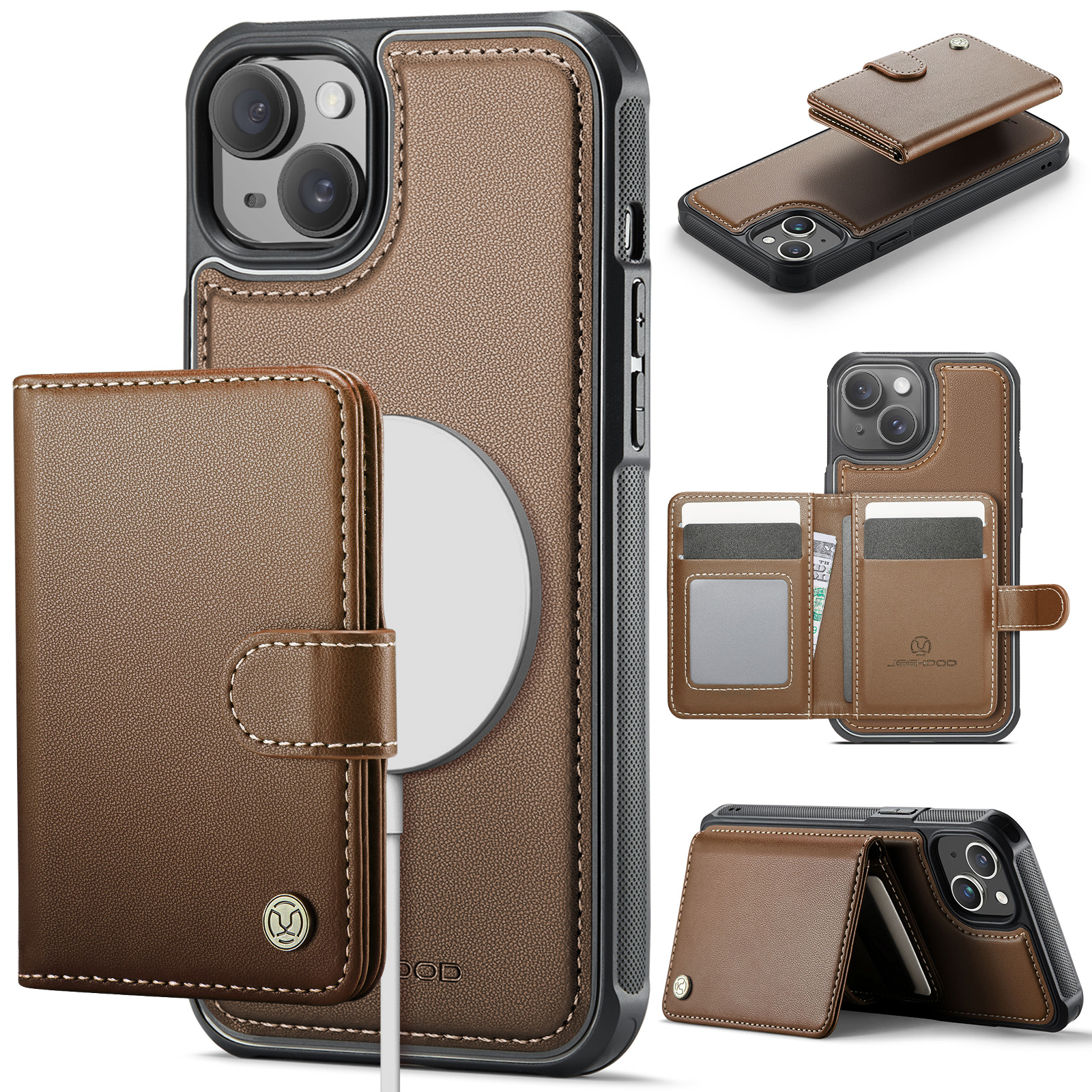 For iPhone 15 Plus / iPhone 14 Plus Case JEEHOOD J09 RFID Blocking Card Holder Leather Back Phone Cover Compatible with MagSafe - Brown