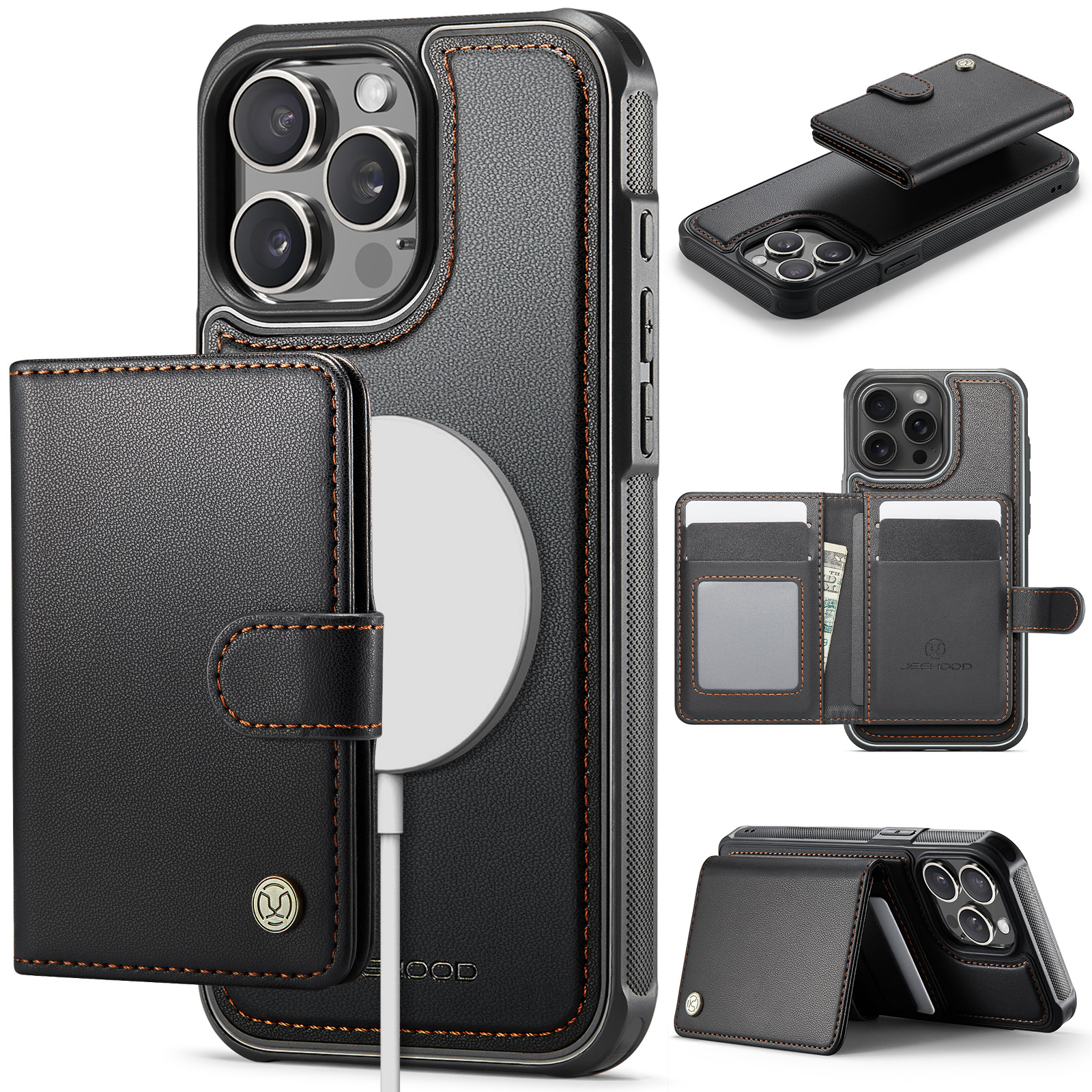 For iPhone 15 Pro Case JEEHOOD J09 RFID Blocking Card Holder Leather Back Phone Cover Compatible with MagSafe - Black