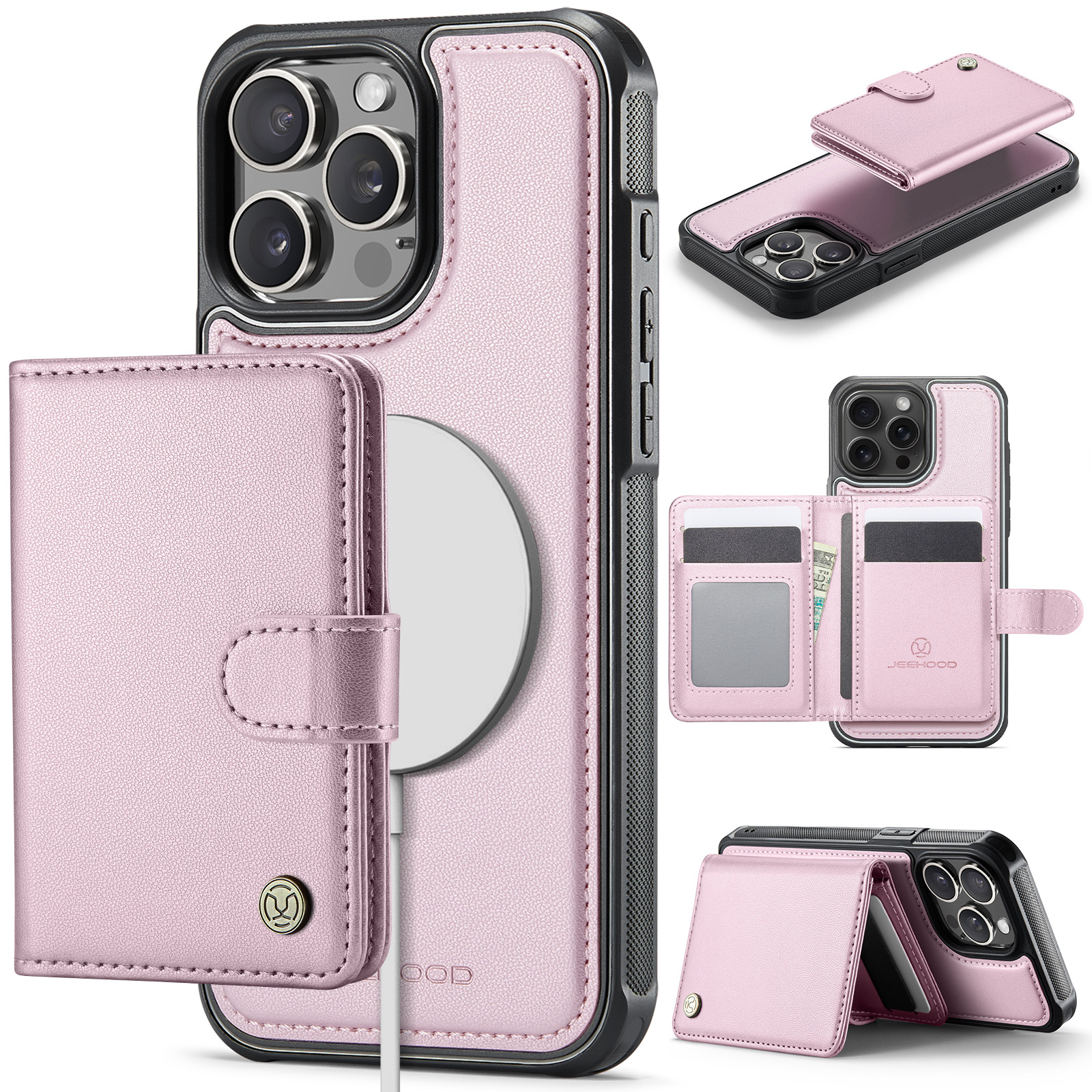 For iPhone 15 Pro Case JEEHOOD J09 RFID Blocking Card Holder Leather Back Phone Cover Compatible with MagSafe - Pink