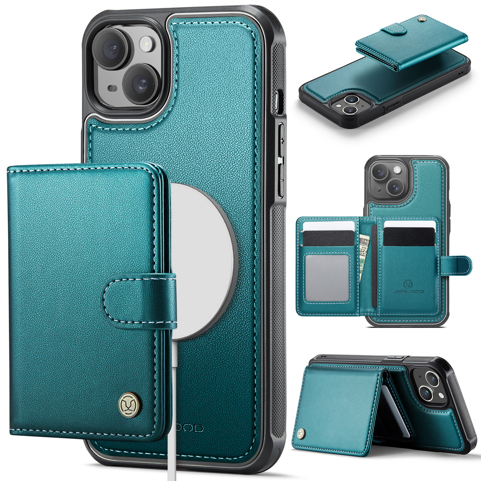 For iPhone 13 6.1 inch Case JEEHOOD J09 RFID Blocking Card Holder Leather Back Phone Cover Compatible with MagSafe - Green