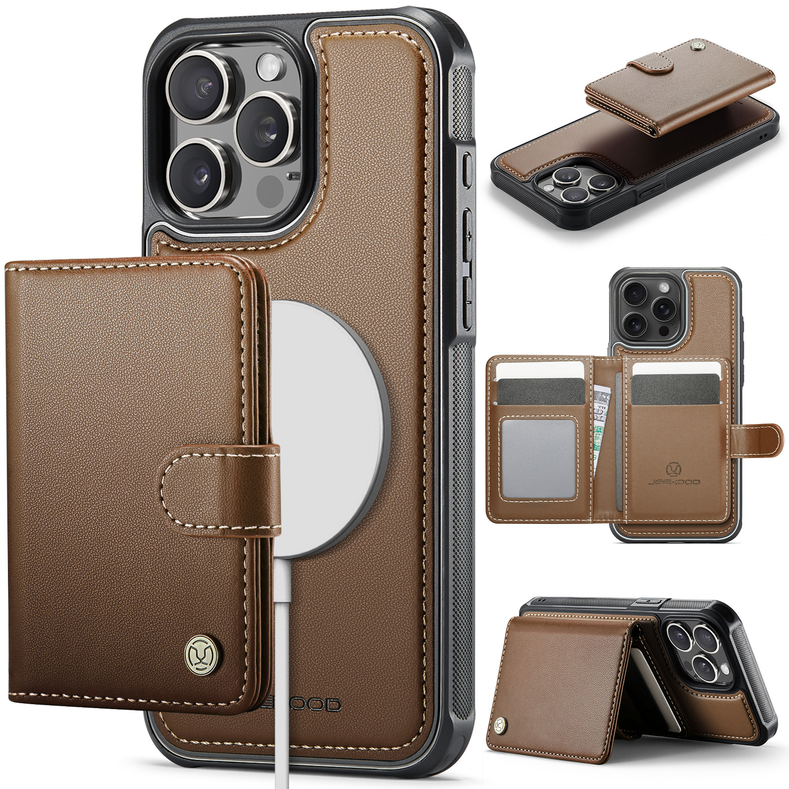 For iPhone 15 Pro Max Case JEEHOOD J09 RFID Blocking Card Holder Leather Back Phone Cover Compatible with MagSafe - Brown