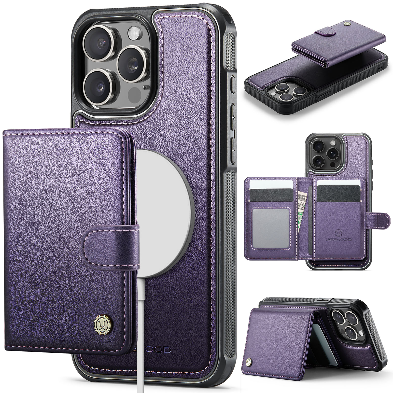 For iPhone 13 Pro Max 6.7 inch Case JEEHOOD J09 RFID Blocking Card Holder Leather Back Phone Cover Compatible with MagSafe - Purple
