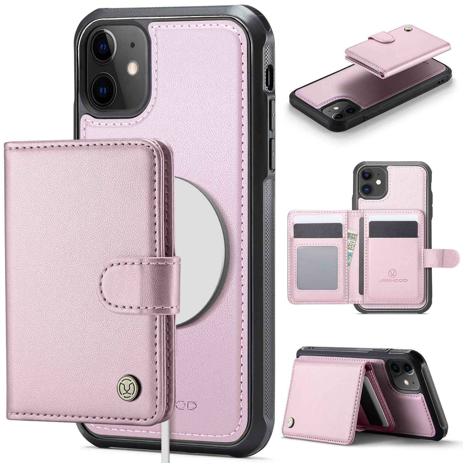 For iPhone 11 Case JEEHOOD J09 RFID Blocking Card Holder Leather Back Phone Cover Compatible with MagSafe - Pink