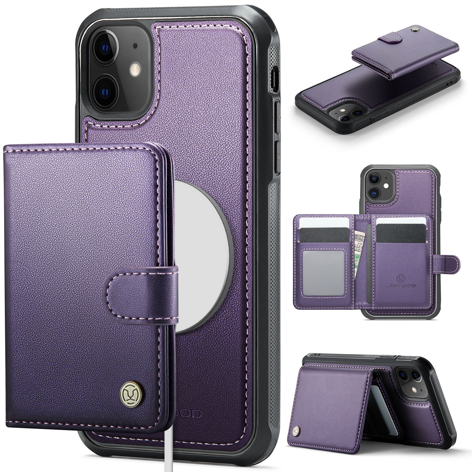 For iPhone 11 Case JEEHOOD J09 RFID Blocking Card Holder Leather Back Phone Cover Compatible with MagSafe - Purple