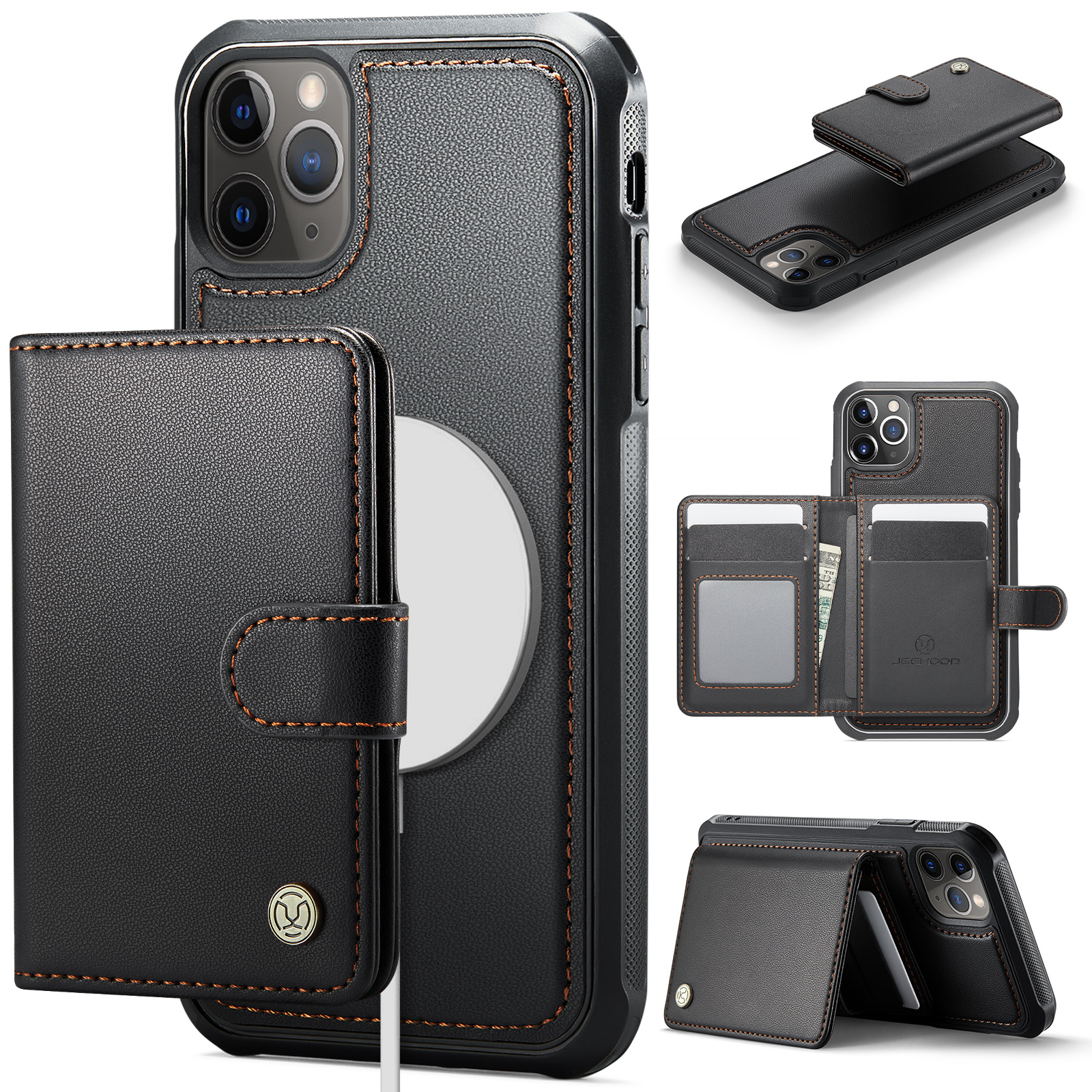 For iPhone 11 Pro Case JEEHOOD J09 RFID Blocking Card Holder Leather Back Phone Cover Compatible with MagSafe - Black