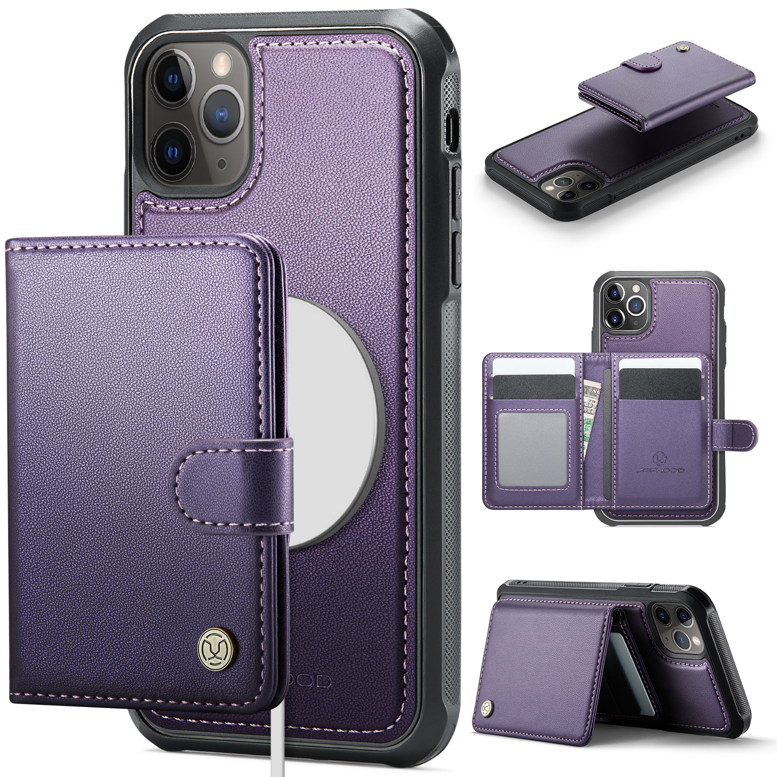 For iPhone 11 Pro Case JEEHOOD J09 RFID Blocking Card Holder Leather Back Phone Cover Compatible with MagSafe - Purple