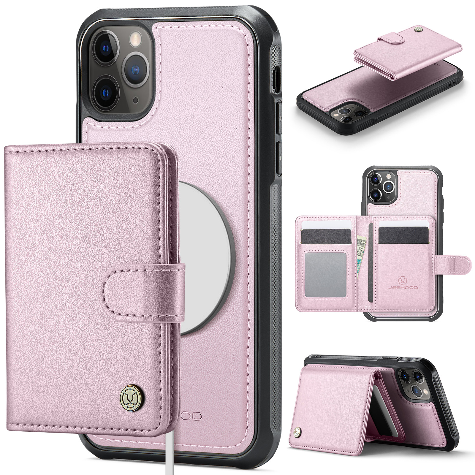 For iPhone 11 Pro Max Case JEEHOOD J09 RFID Blocking Card Holder Leather Back Phone Cover Compatible with MagSafe - Pink