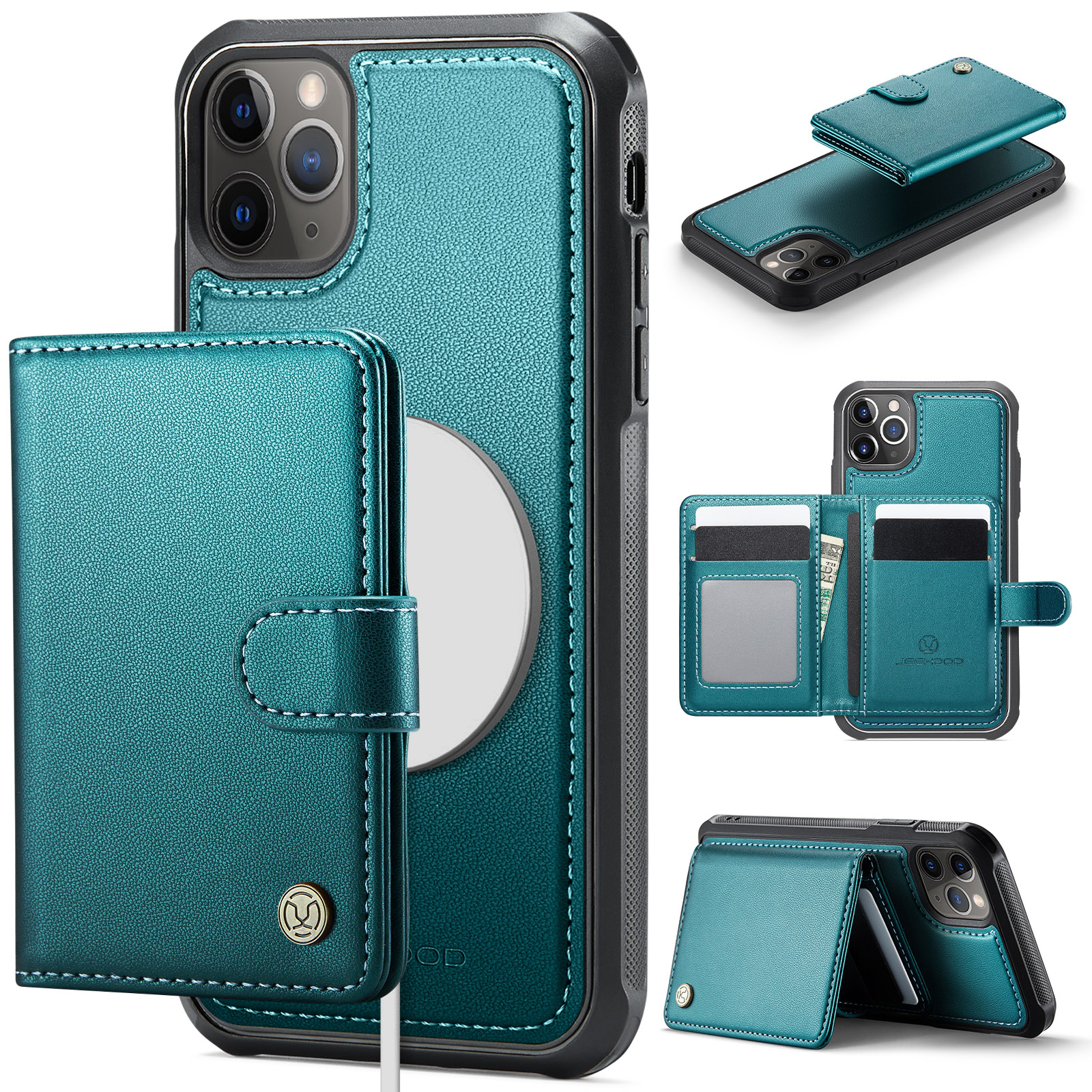 For iPhone 11 Pro Max Case JEEHOOD J09 RFID Blocking Card Holder Leather Back Phone Cover Compatible with MagSafe - Green