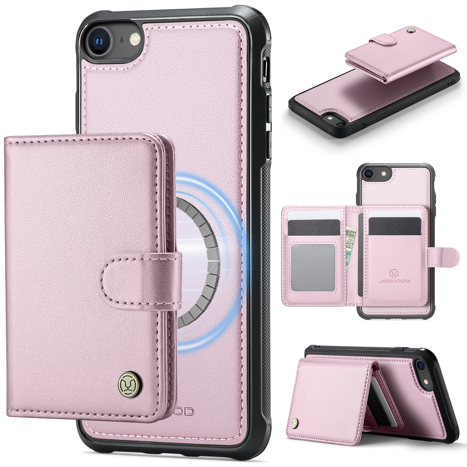 JEEHOOD For iPhone 8 4.7 inch / iPhone SE (2020) / iPhone SE (2022) / iPhone 7 4.7 inch Case J09 RFID Blocking Card Holder Leather Back Phone Cover Compatible with MagSafe - Pink
