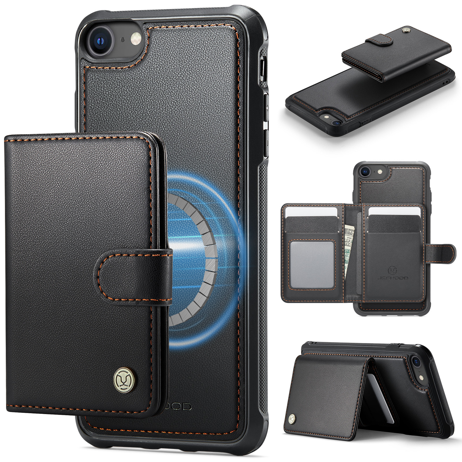 JEEHOOD For iPhone 8 4.7 inch / iPhone SE (2020) / iPhone SE (2022) / iPhone 7 4.7 inch Case J09 RFID Blocking Card Holder Leather Back Phone Cover Compatible with MagSafe - Black