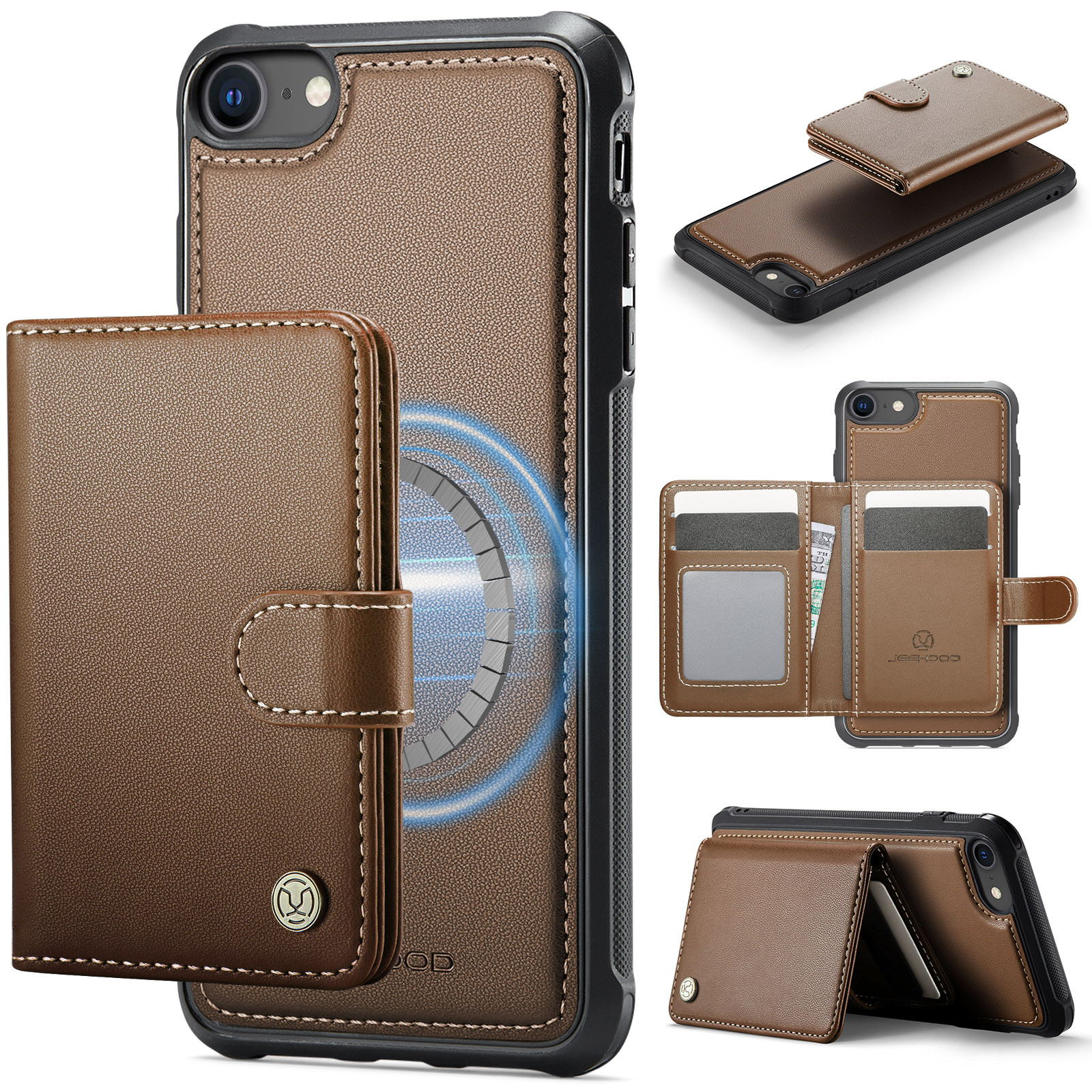 JEEHOOD For iPhone 8 4.7 inch / iPhone SE (2020) / iPhone SE (2022) / iPhone 7 4.7 inch Case  J09 RFID Blocking Card Holder Leather Back Phone Cover Compatible with MagSafe - Brown