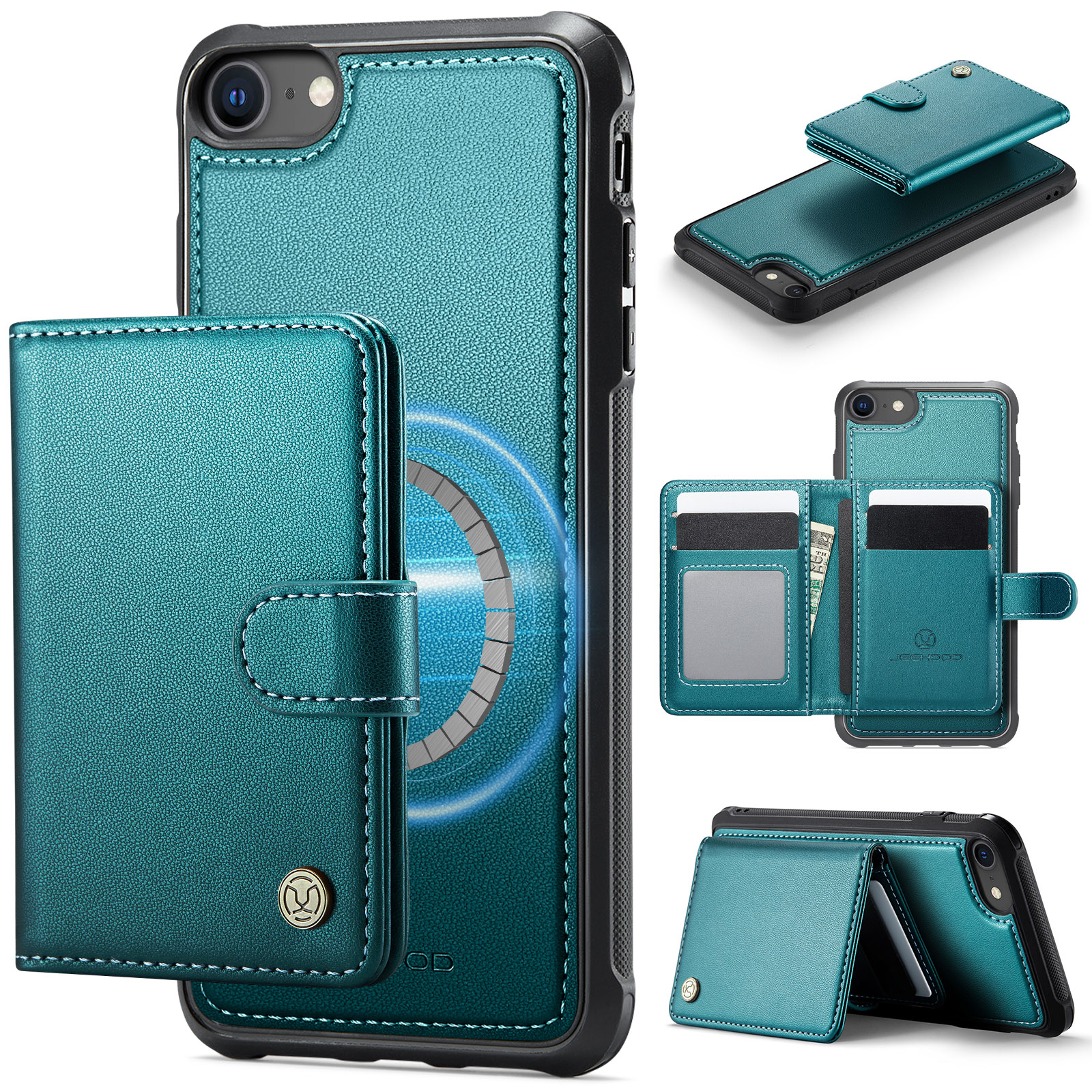 JEEHOOD For iPhone 8 4.7 inch / iPhone SE (2020) / iPhone SE (2022) / iPhone 7 4.7 inch Case J09 RFID Blocking Card Holder Leather Back Phone Cover Compatible with MagSafe - Green