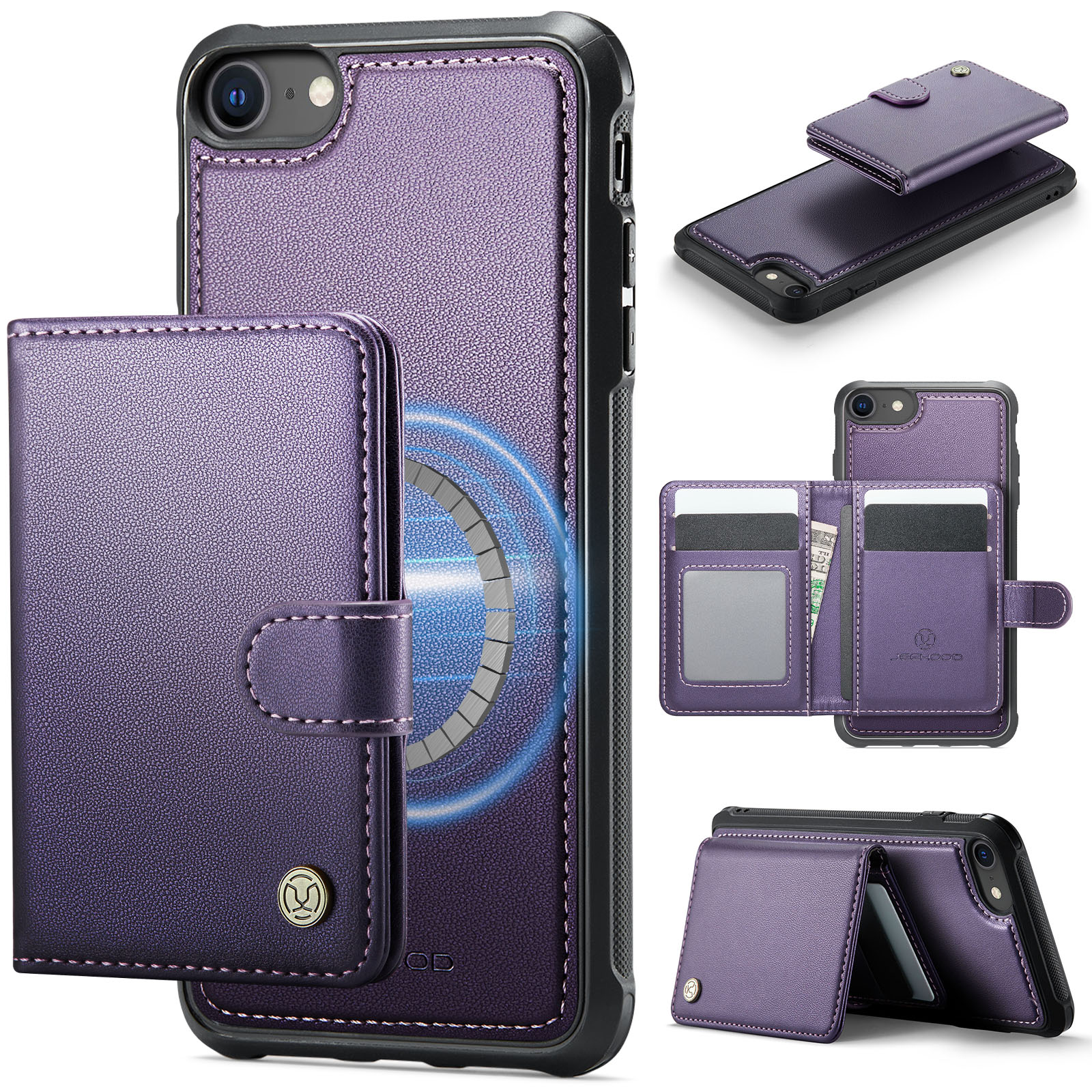 JEEHOOD For iPhone 8 4.7 inch / iPhone SE (2020) / iPhone SE (2022) / iPhone 7 4.7 inch Case J09 RFID Blocking Card Holder Leather Back Phone Cover Compatible with MagSafe - Purple