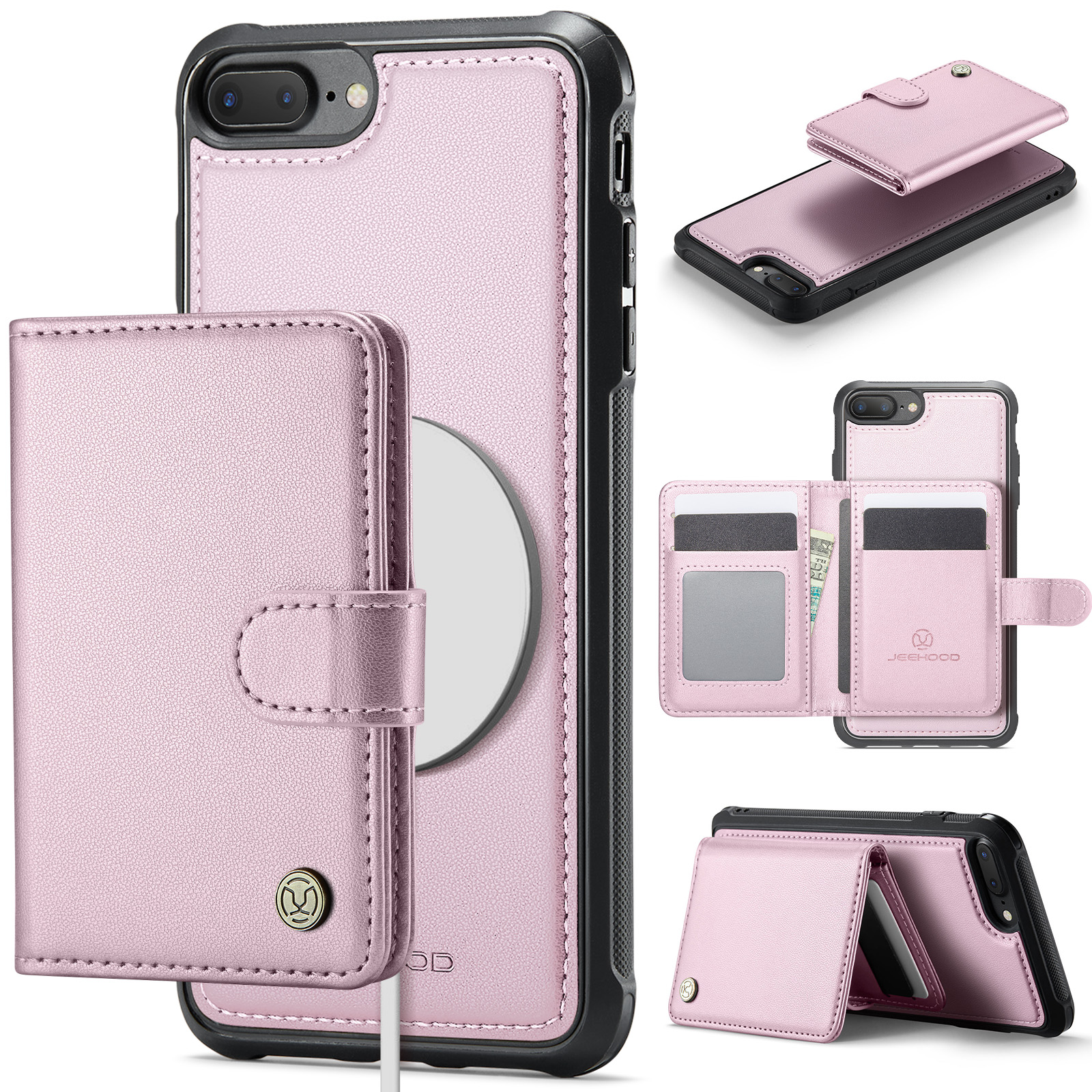 JEEHOOD For iPhone 8 Plus 5.5 inch / iPhone 7 Plus 5.5 inch Case J09 RFID Blocking Card Holder Leather Back Phone Cover Compatible with MagSafe - Pink