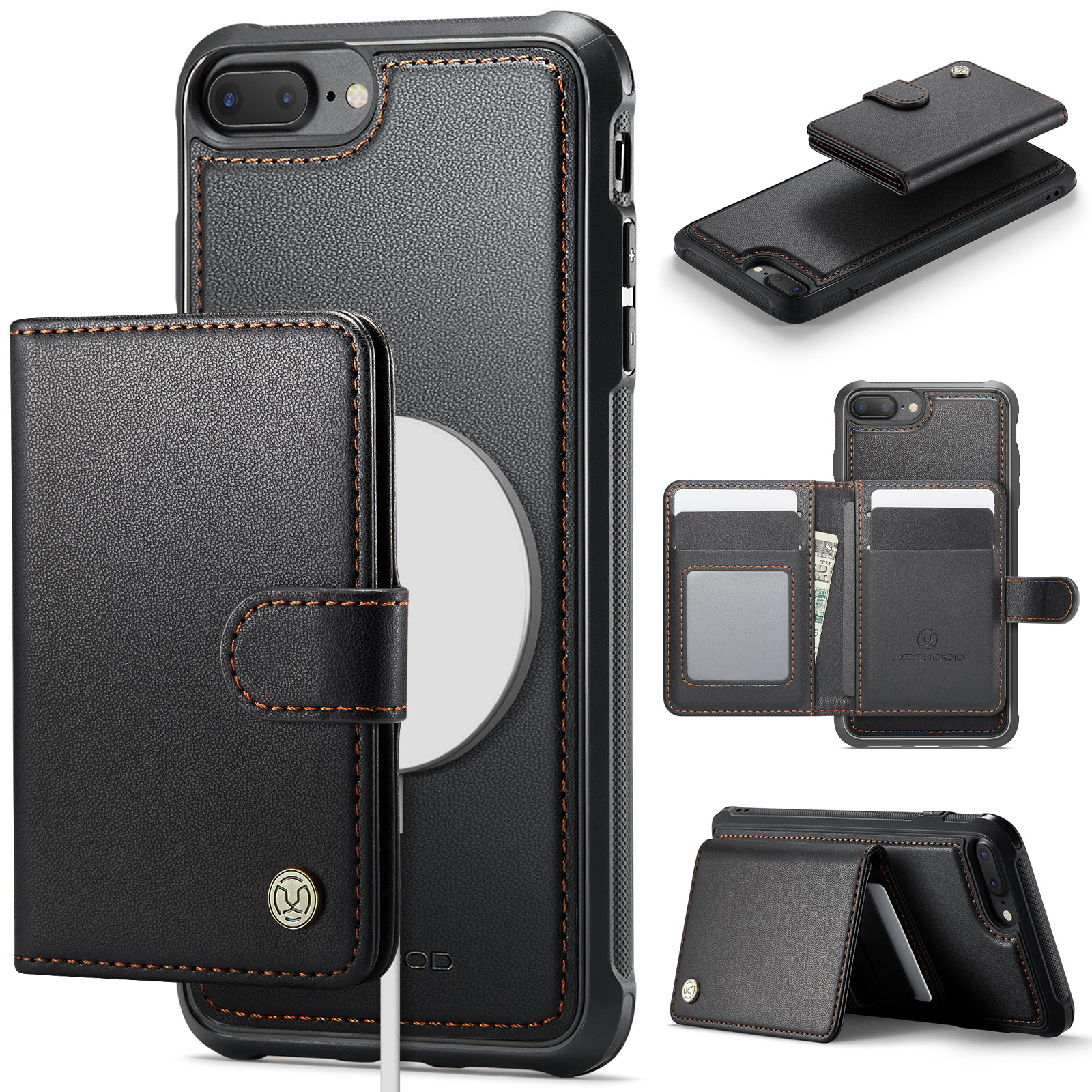 JEEHOOD For iPhone 8 Plus 5.5 inch / iPhone 7 Plus 5.5 inch Case J09 RFID Blocking Card Holder Leather Back Phone Cover Compatible with MagSafe - Black
