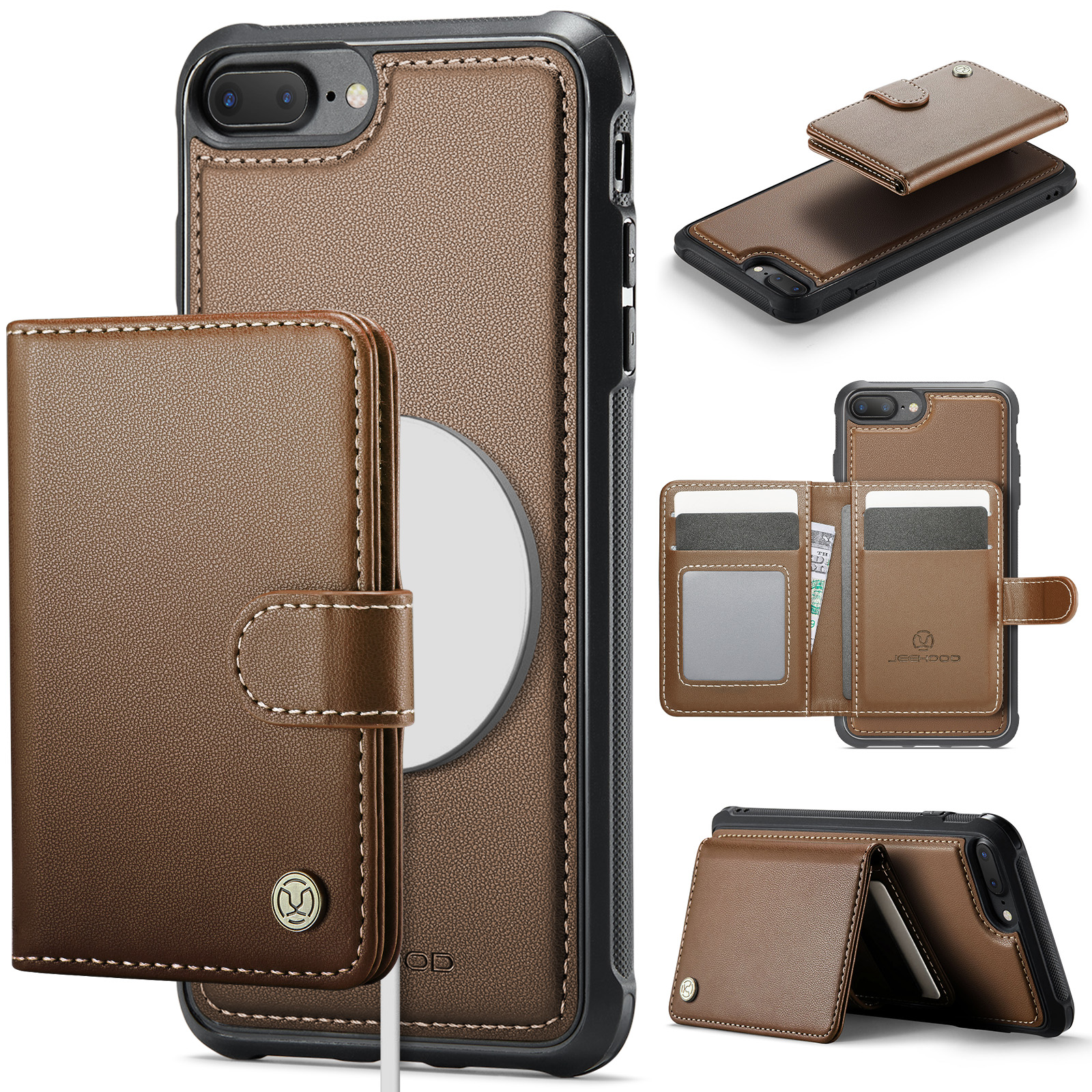 JEEHOOD For iPhone 8 Plus 5.5 inch / iPhone 7 Plus 5.5 inch Case J09 RFID Blocking Card Holder Leather Back Phone Cover Compatible with MagSafe - Brown