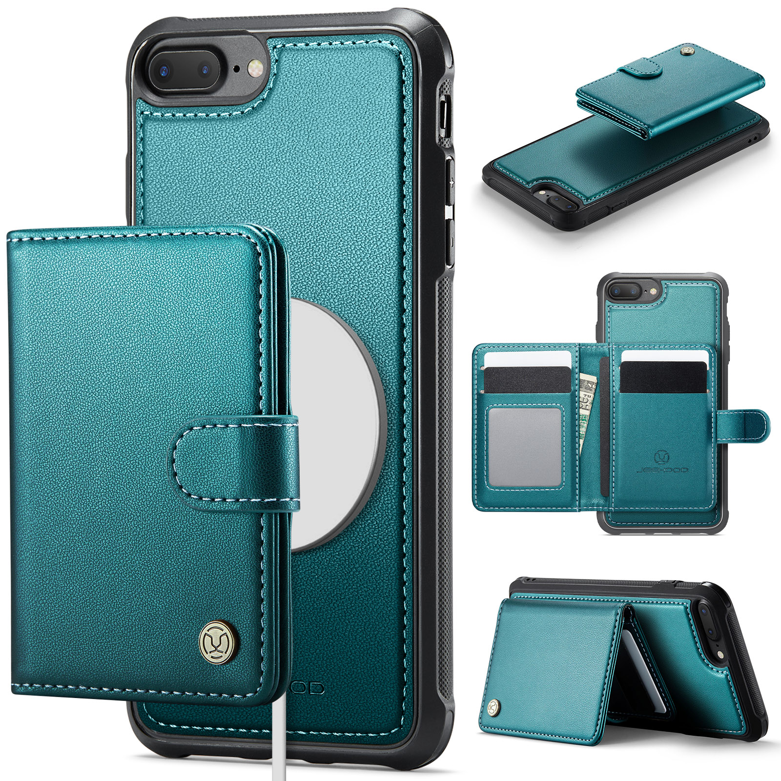 JEEHOOD For iPhone 8 Plus 5.5 inch / iPhone 7 Plus 5.5 inch Case J09 RFID Blocking Card Holder Leather Back Phone Cover Compatible with MagSafe - Green