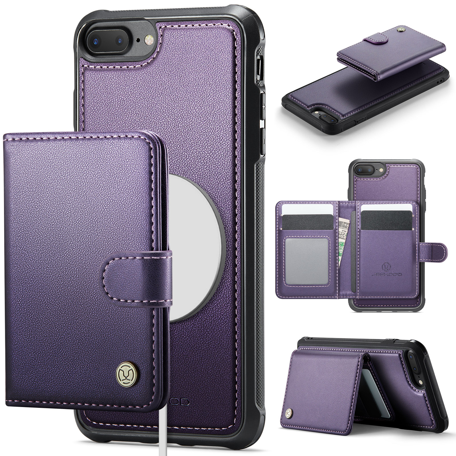 JEEHOOD For iPhone 8 Plus 5.5 inch / iPhone 7 Plus 5.5 inch Case J09 RFID Blocking Card Holder Leather Back Phone Cover Compatible with MagSafe - Purple