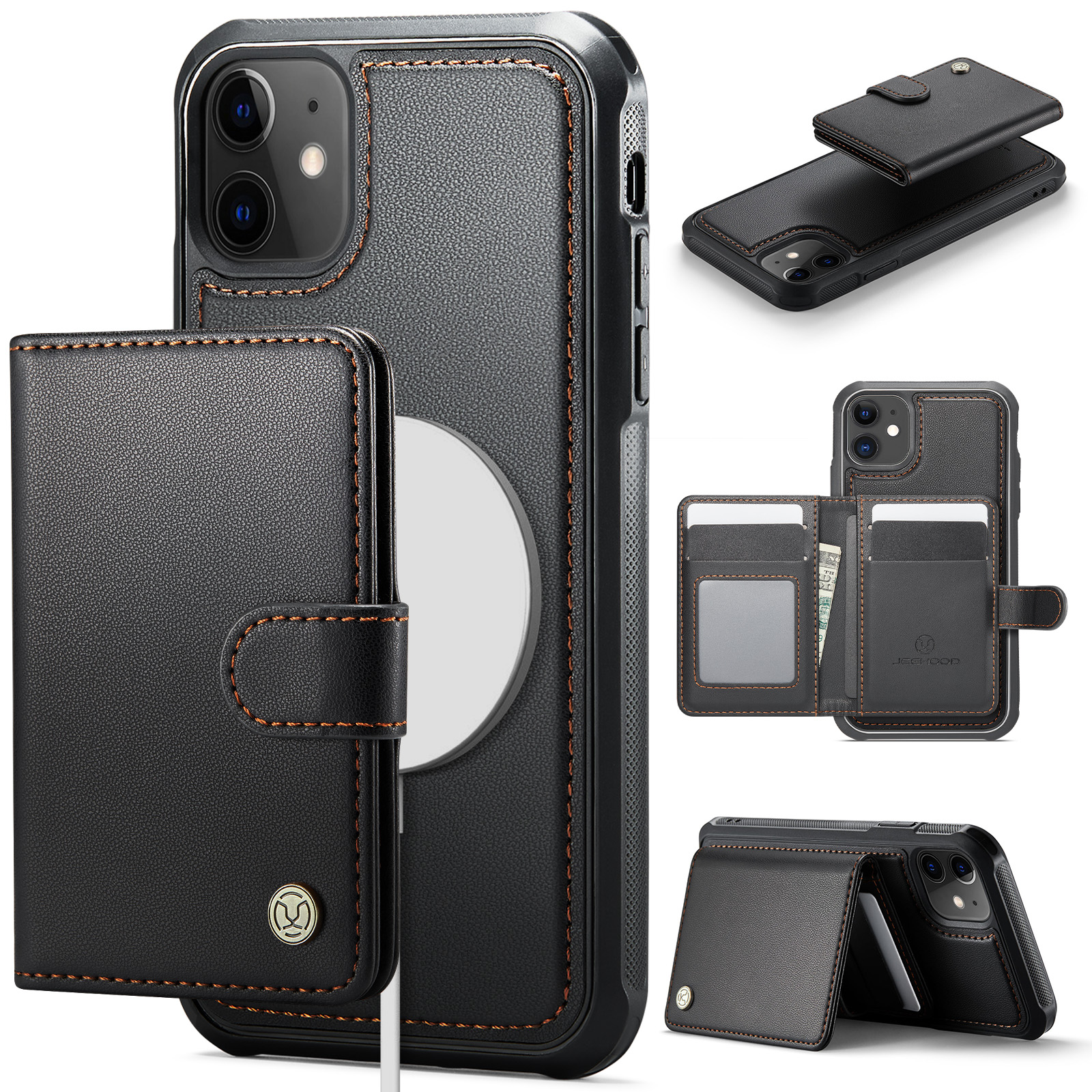 For iPhone 12 Pro 6.1 inch / iPhone 12 6.1 inch Case JEEHOOD J09 RFID Blocking Card Holder Leather Back Phone Cover Compatible with MagSafe - Black