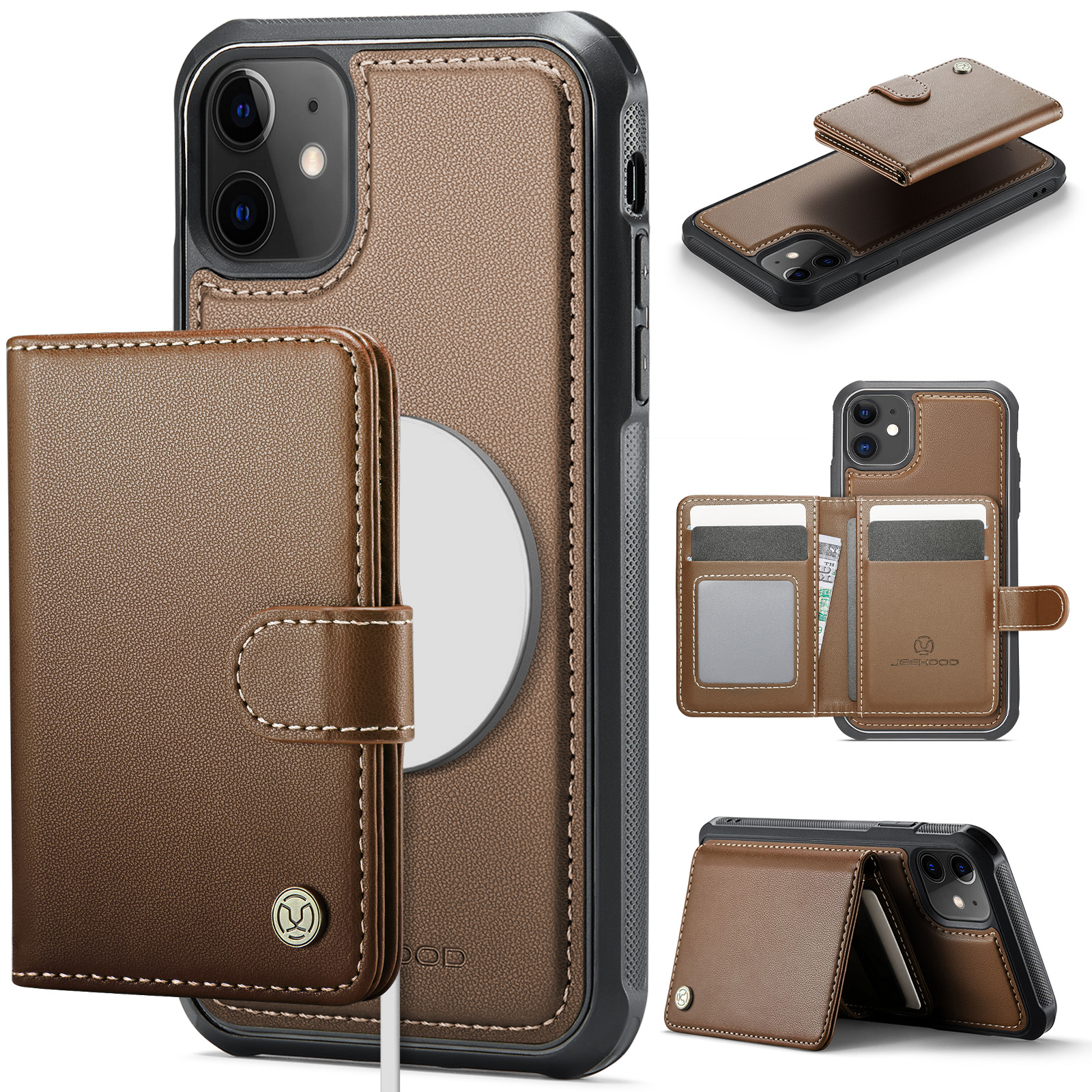 For iPhone 12 Pro 6.1 inch / iPhone 12 6.1 inch Case JEEHOOD J09 RFID Blocking Card Holder Leather Back Phone Cover Compatible with MagSafe - Brown