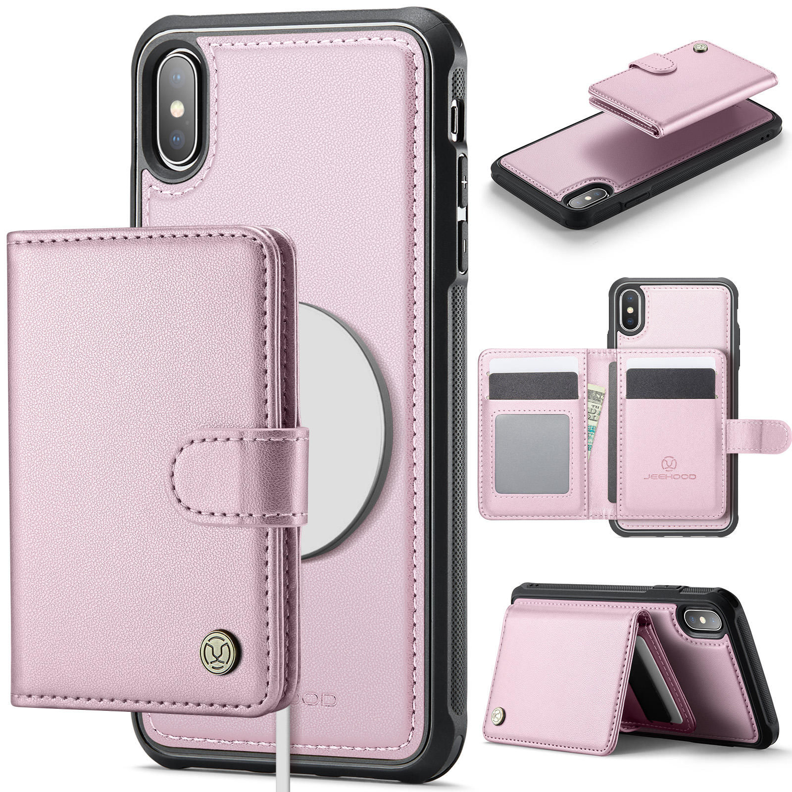 For iPhone XS Max 6.5 inch Case JEEHOOD J09 RFID Blocking Card Holder Leather Back Phone Cover Compatible with MagSafe - Pink