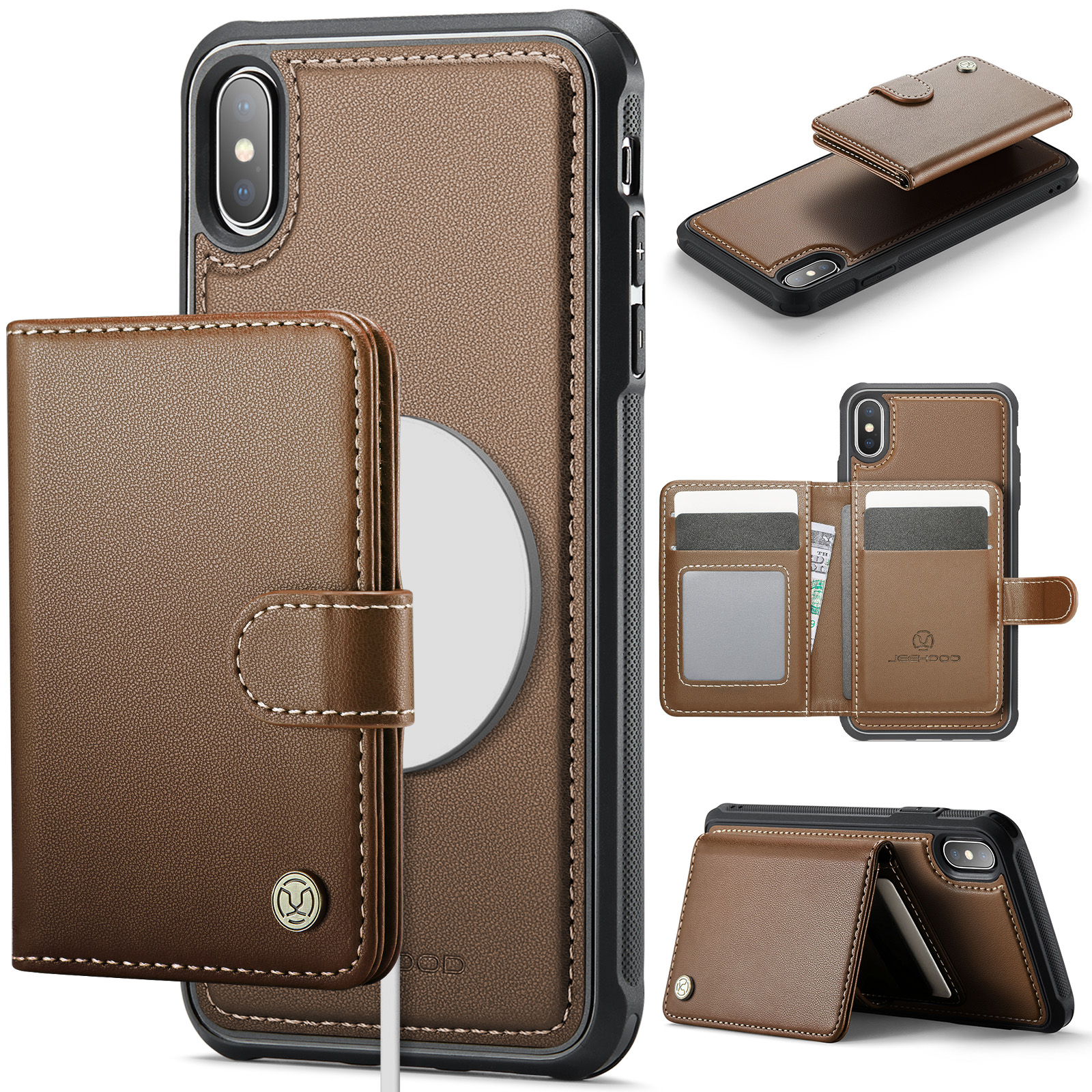 For iPhone XS Max 6.5 inch Case JEEHOOD J09 RFID Blocking Card Holder Leather Back Phone Cover Compatible with MagSafe - Brown