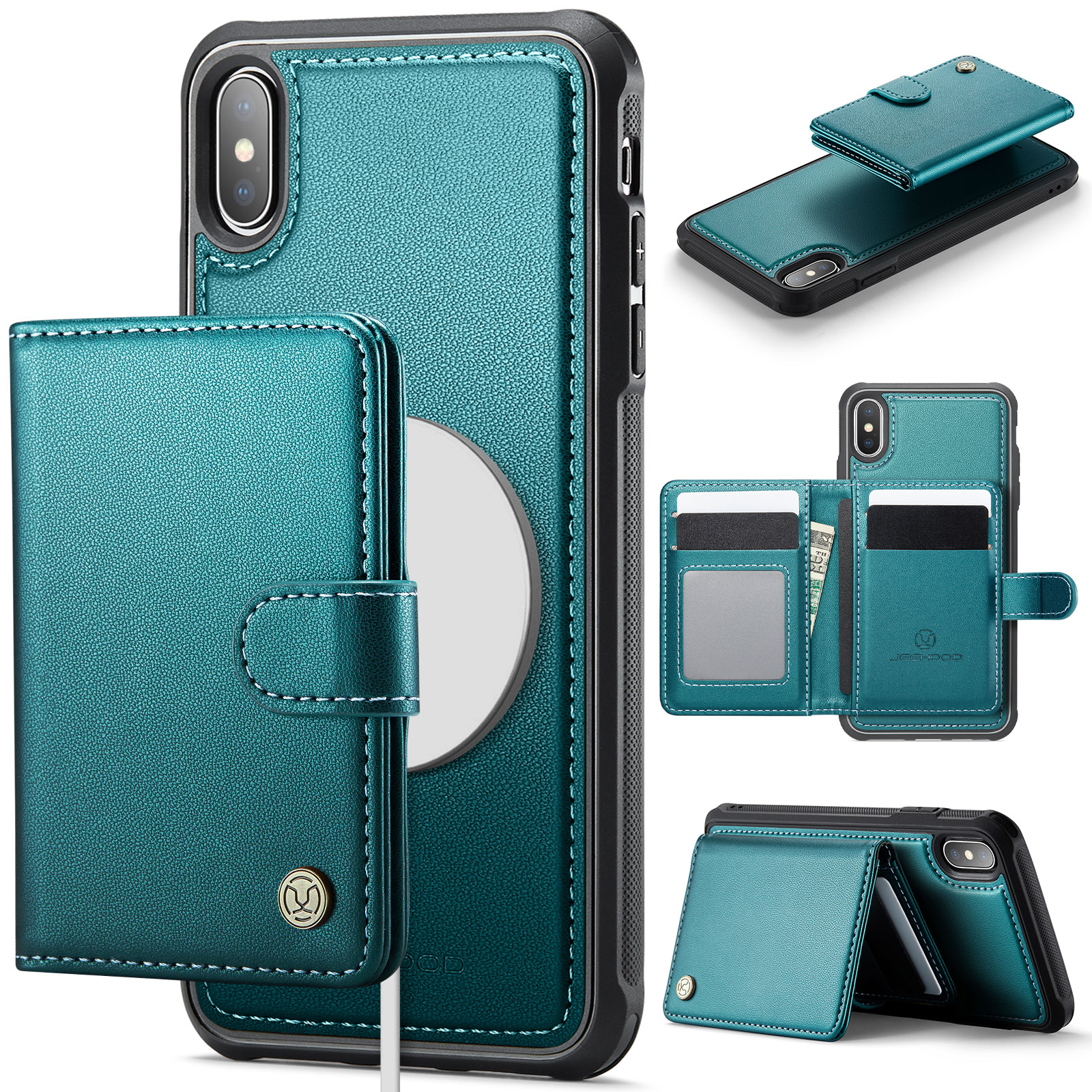 For iPhone XS Max 6.5 inch Case JEEHOOD J09 RFID Blocking Card Holder Leather Back Phone Cover Compatible with MagSafe - Green