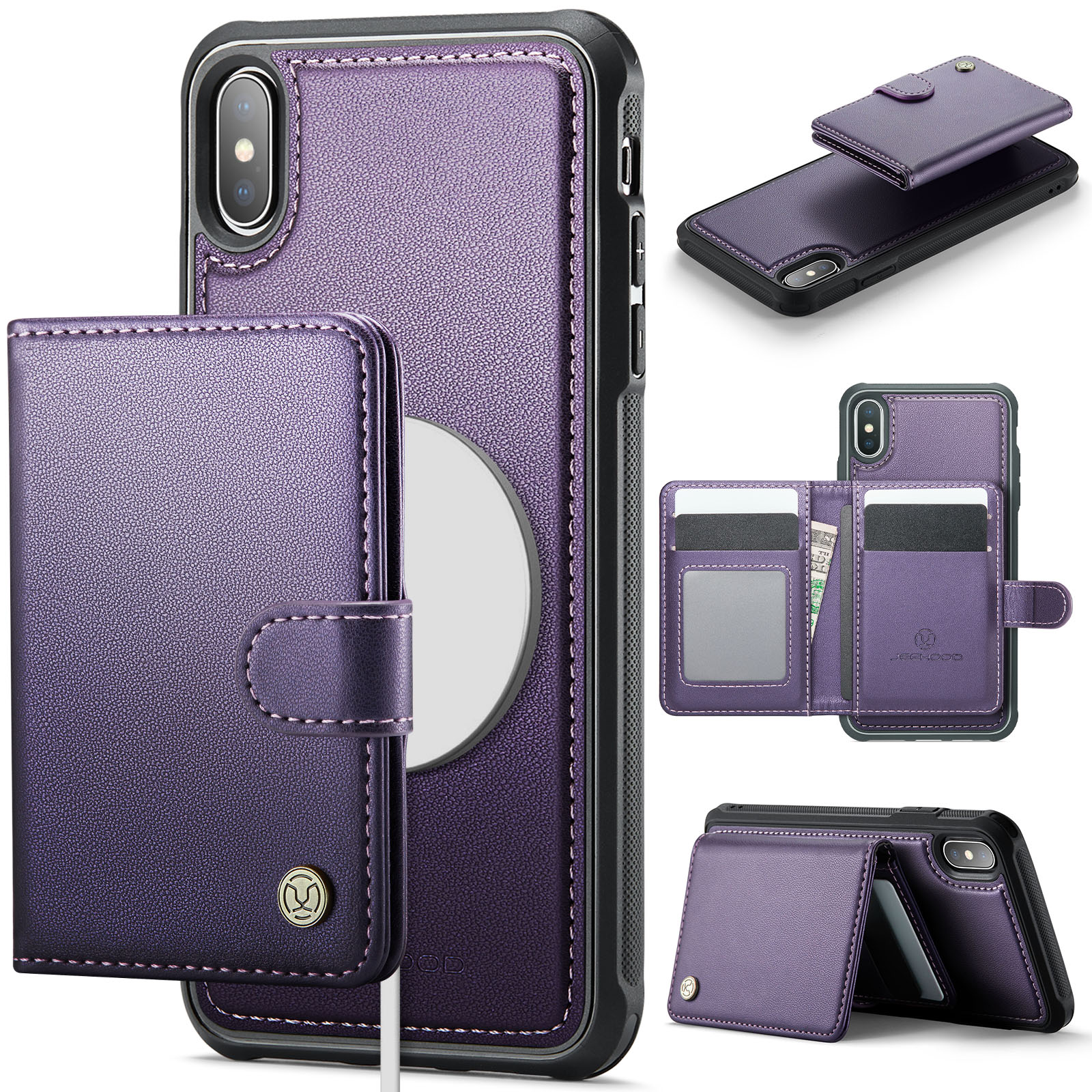 For iPhone XS Max 6.5 inch Case JEEHOOD J09 RFID Blocking Card Holder Leather Back Phone Cover Compatible with MagSafe - Purple