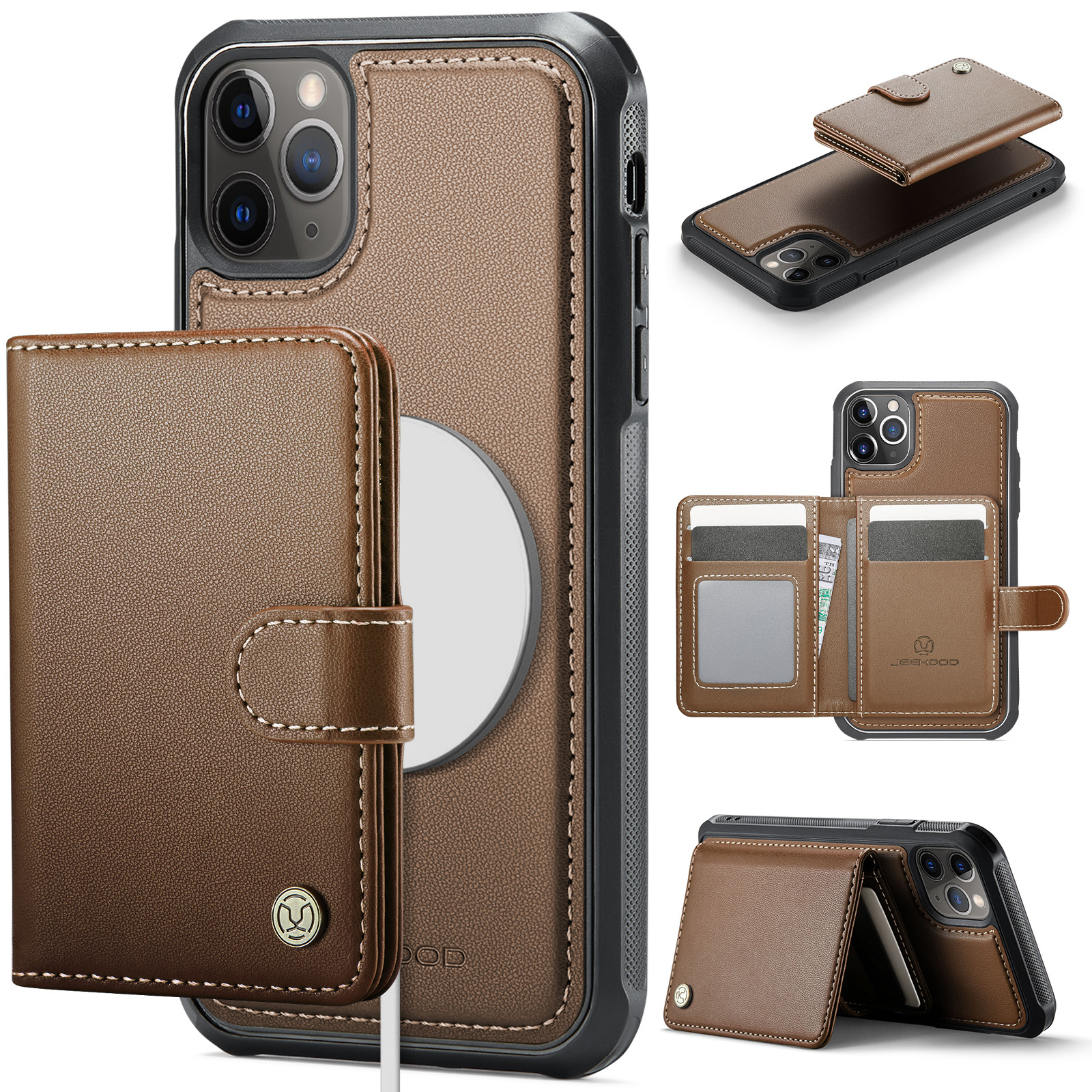 For iPhone 12 Pro Max 6.7 inch Case JEEHOOD J09 RFID Blocking Card Holder Leather Back Phone Cover Compatible with MagSafe - Brown