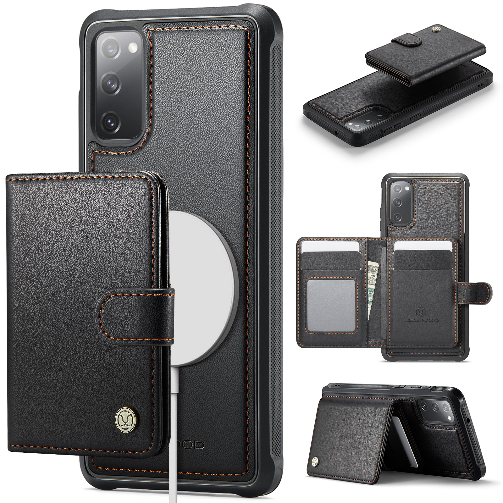 JEEHOOD For Samsung Galaxy S20 FE Case  J09 RFID Blocking Card Holder Leather Back Phone Cover Magnetic Case - Black