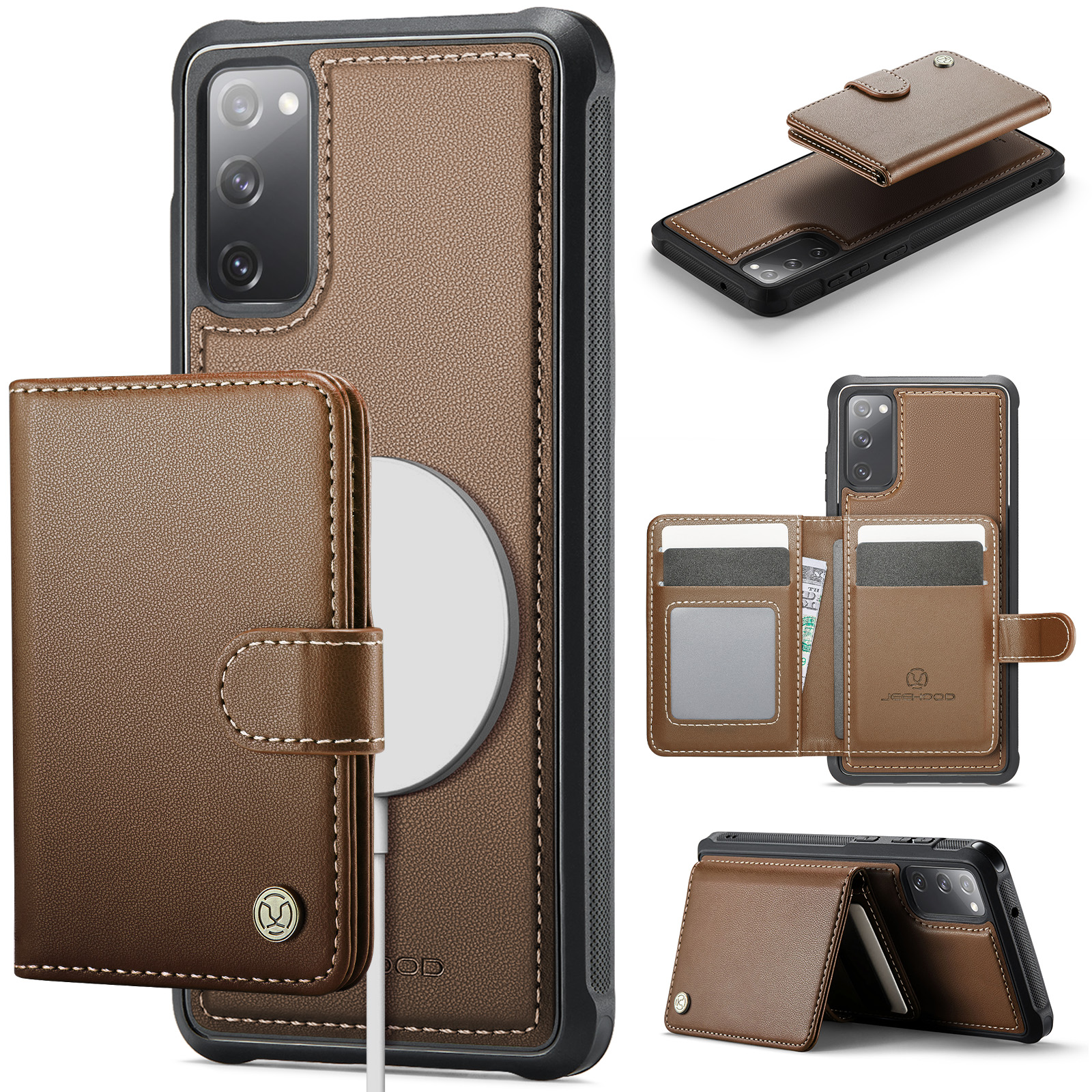 JEEHOOD For Samsung Galaxy S20 FE Case J09 RFID Blocking Card Holder Leather Back Phone Cover Magnetic Case - Brown