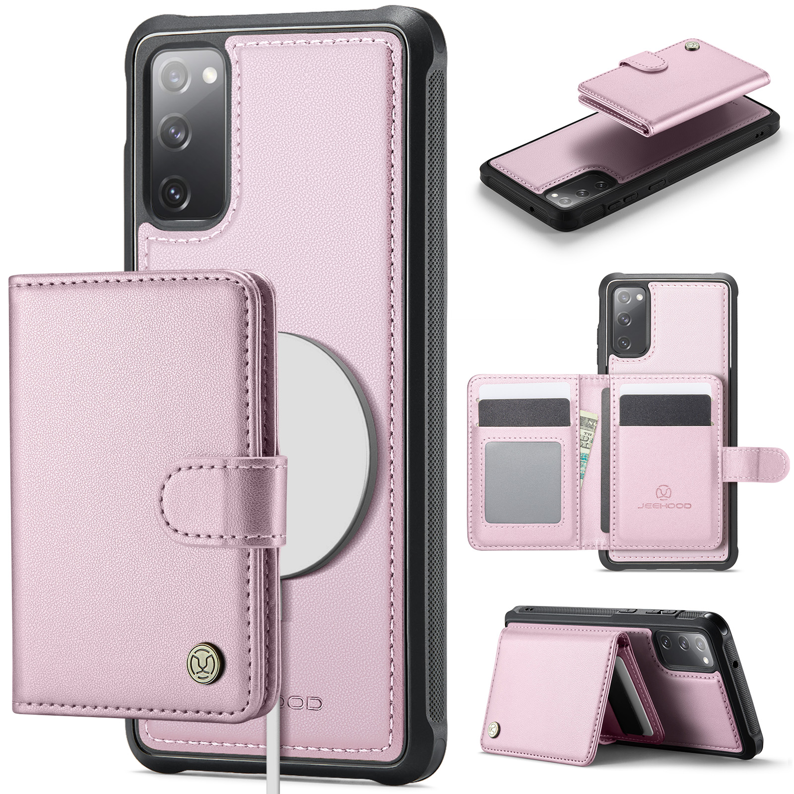 JEEHOOD For Samsung Galaxy S20 FE Case  J09 RFID Blocking Card Holder Leather Back Phone Cover Magnetic Case - Pink