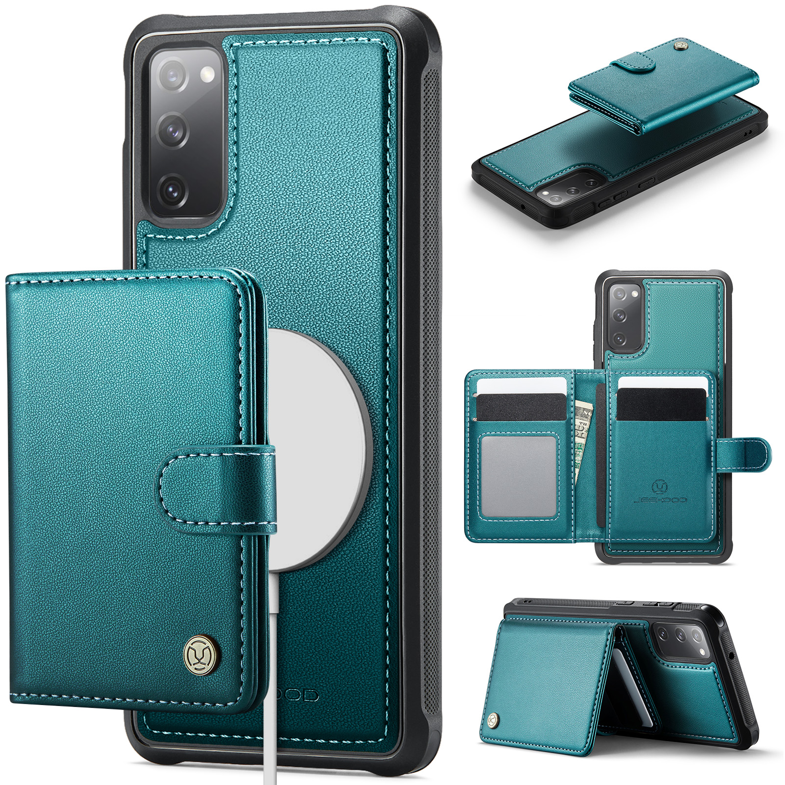 JEEHOOD For Samsung Galaxy S20 FE Case J09 RFID Blocking Card Holder Leather Back Phone Cover Magnetic Case - Green
